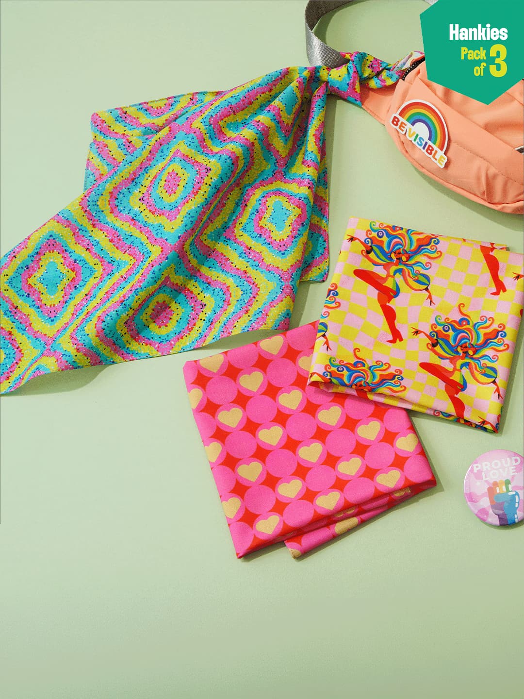 Unisex Multicolor Rainbow Power 100% Organic Cotton 46 x 46cm Hankies - Large Size - Pack of 3
