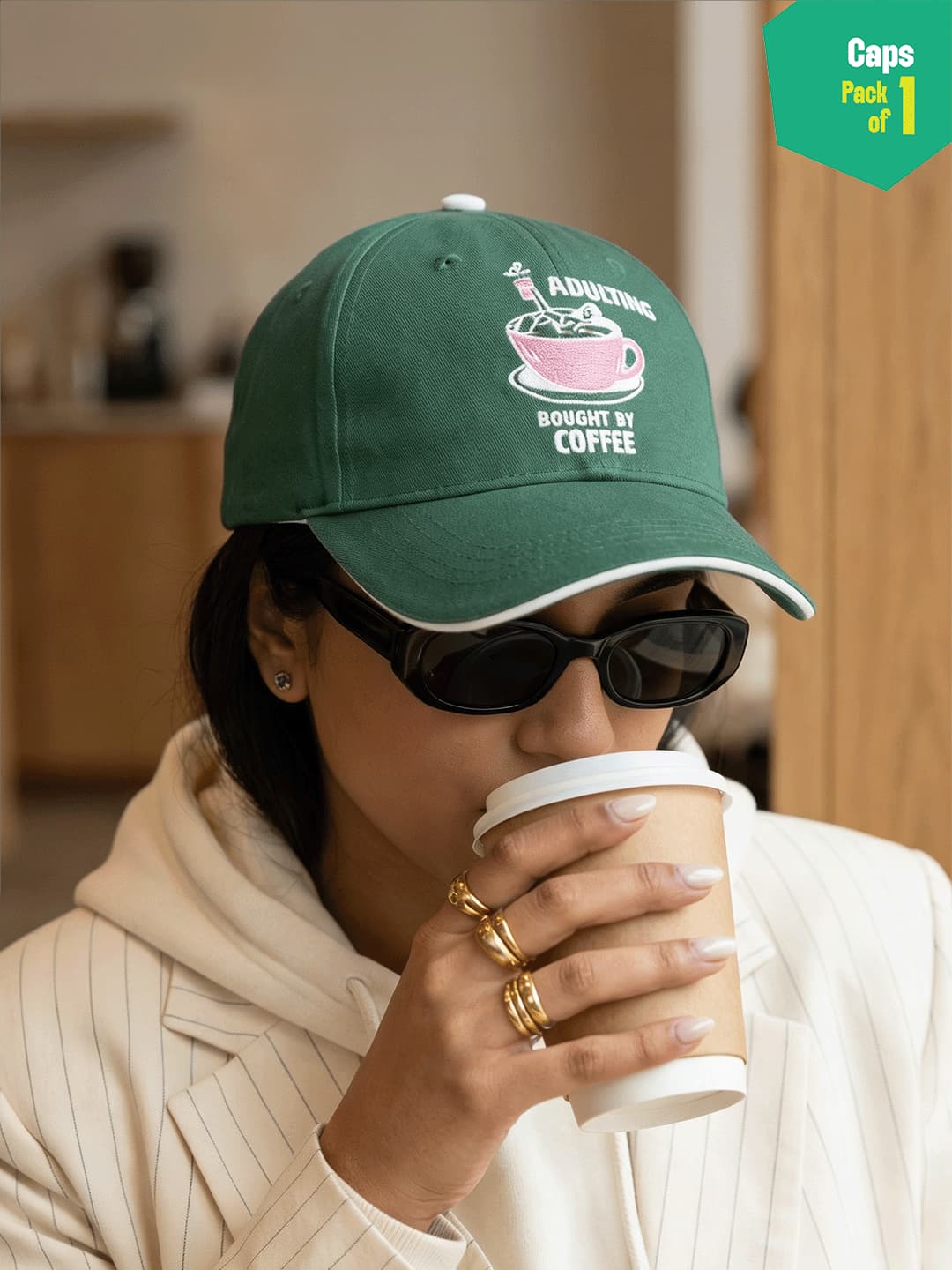 Unisex Green Caffeinated Cotton Cap with Embroidery - Adjustable - Pack of 1
