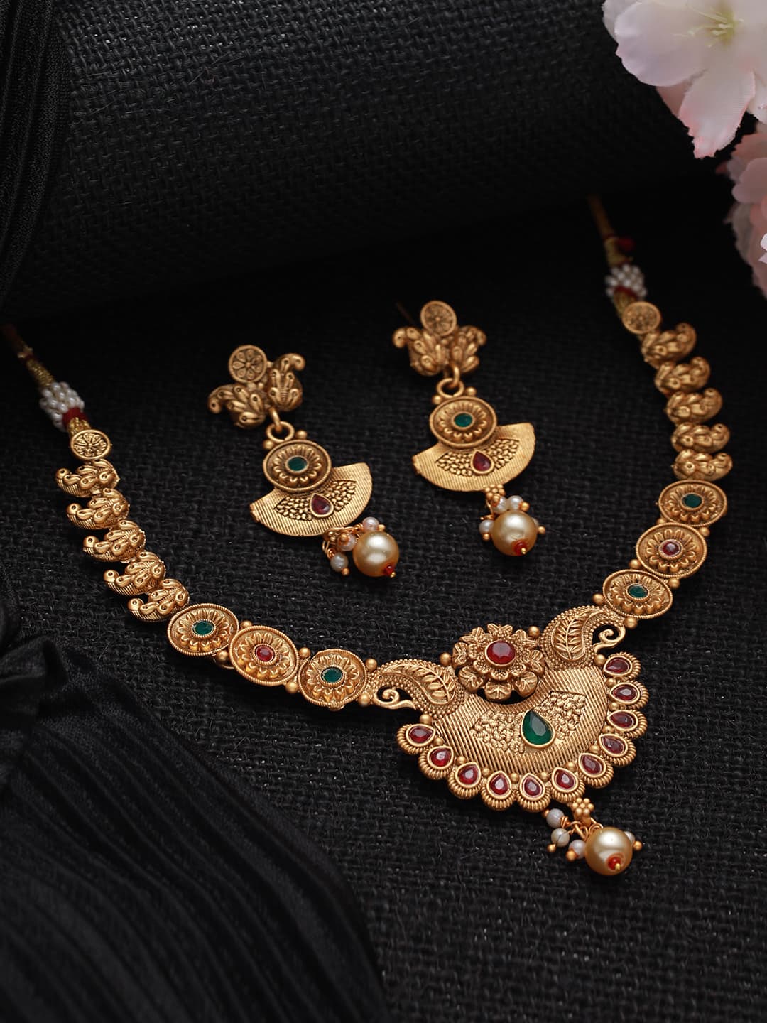 Women's Gold-Plated Red & Green Stone Studded & Pearl Drop Handcrafted Jewellery Set