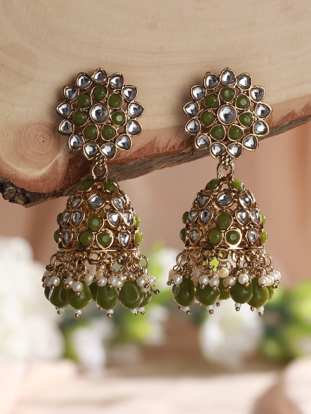 Women's Gold Plated Green & White Kundan Studded & Pearl Beaded Jhumka Earrings