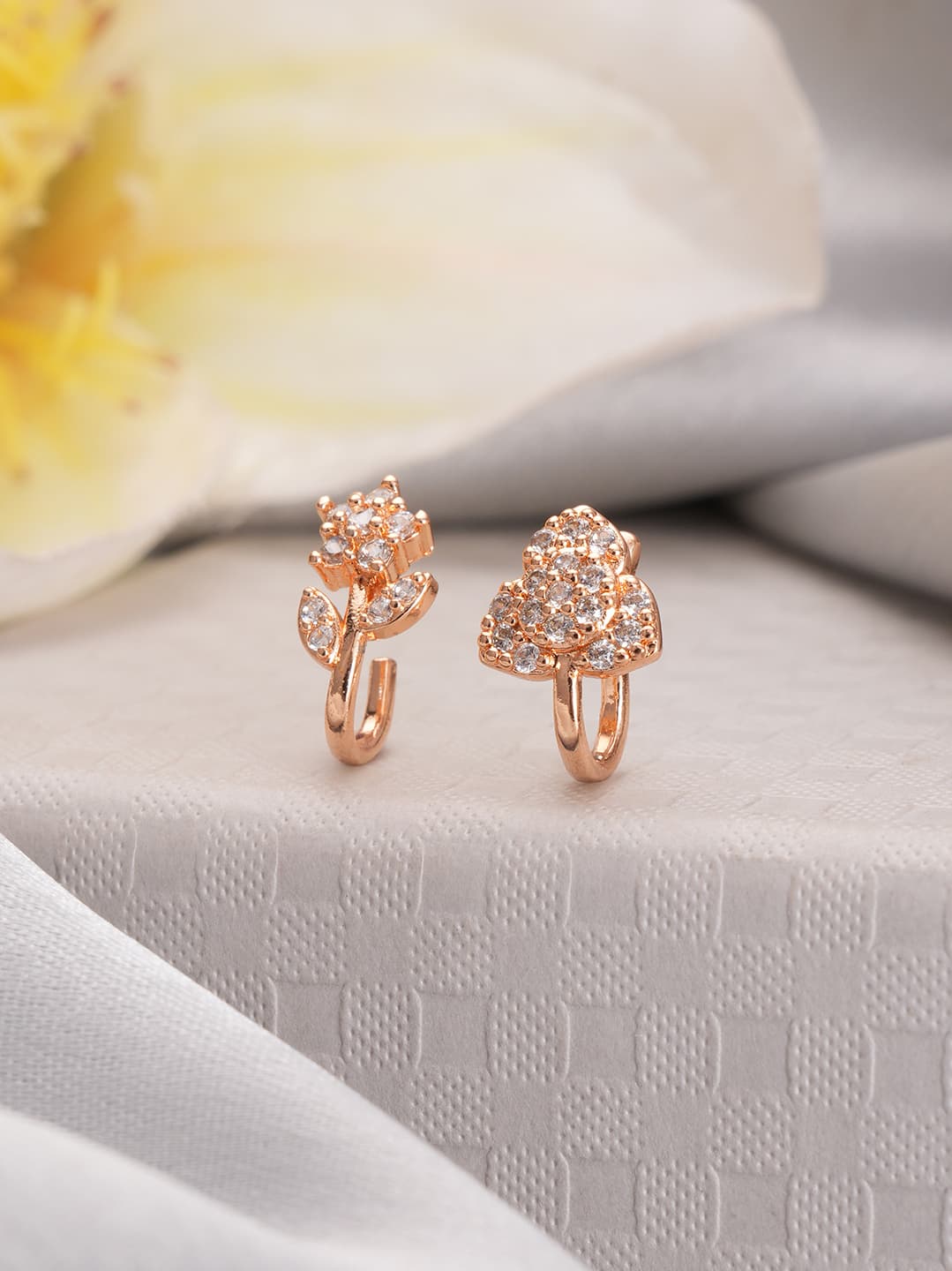 Women's Set Of 2 Rose Gold Plated & American Diamond Stone Studded Floral Nose Ring