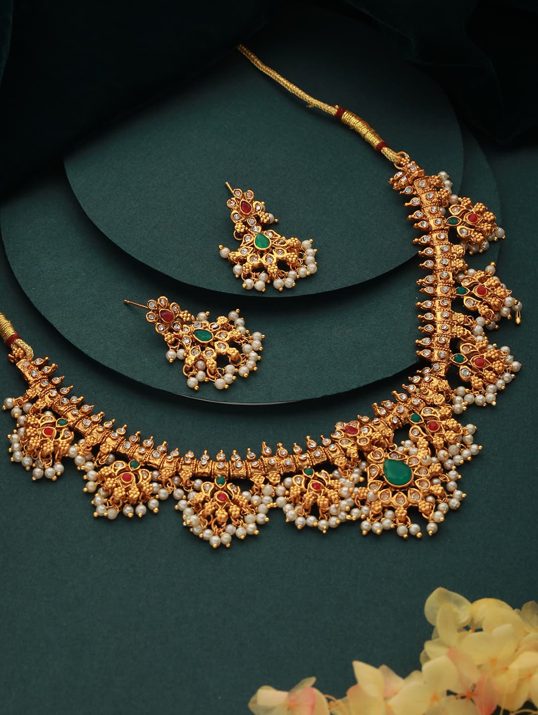 Women's Gold-Plated Stone-Studded & Beaded Necklace & Earrings