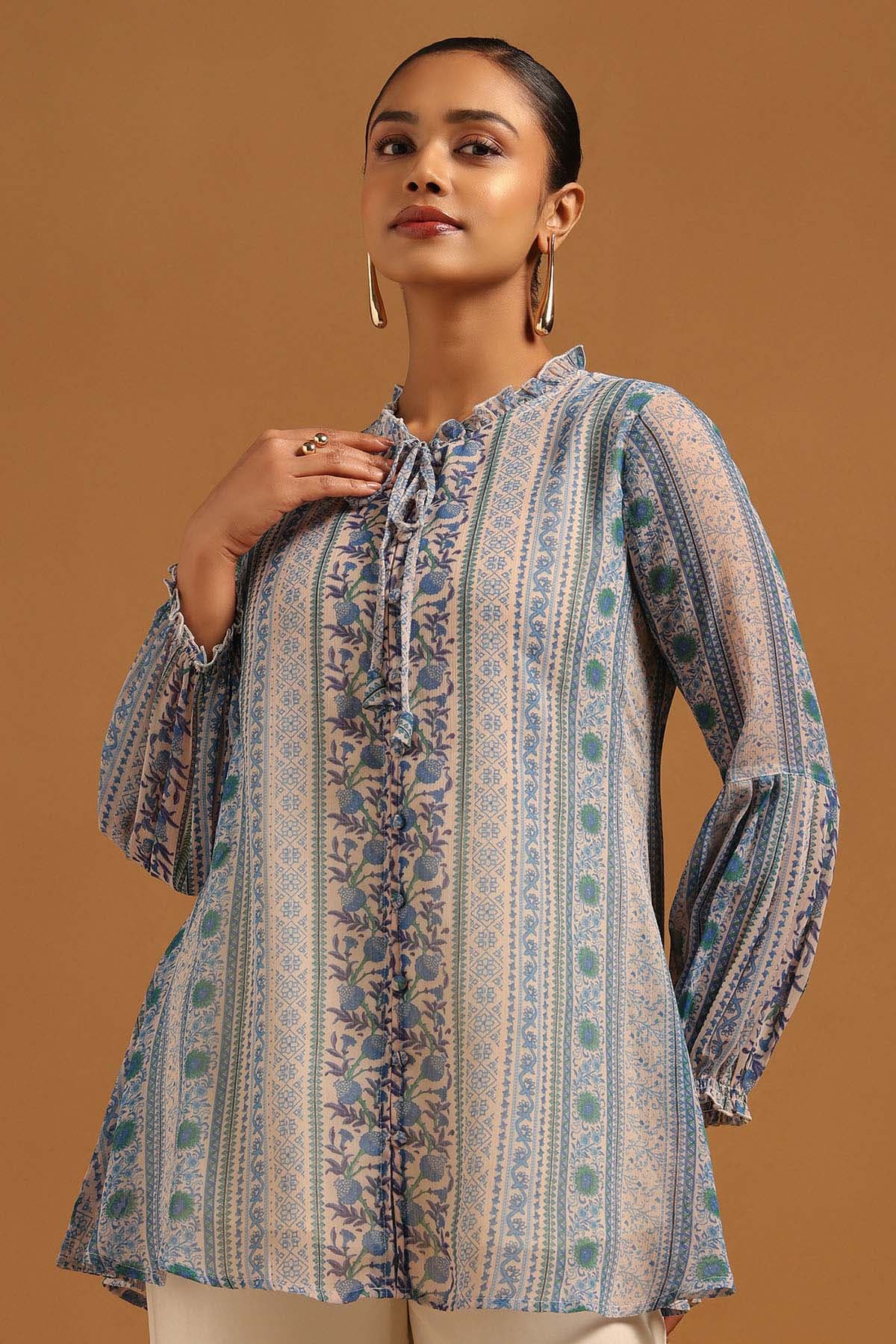 Women's Blue Chiffon Botanical Tunic