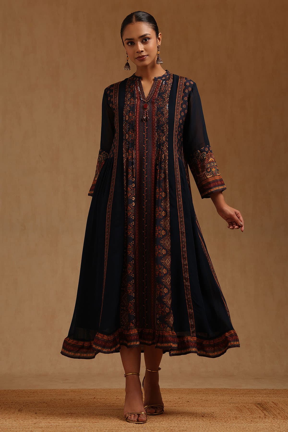 Women's Blue Georgette Ethnic Motifs Dress With Beads And Stones