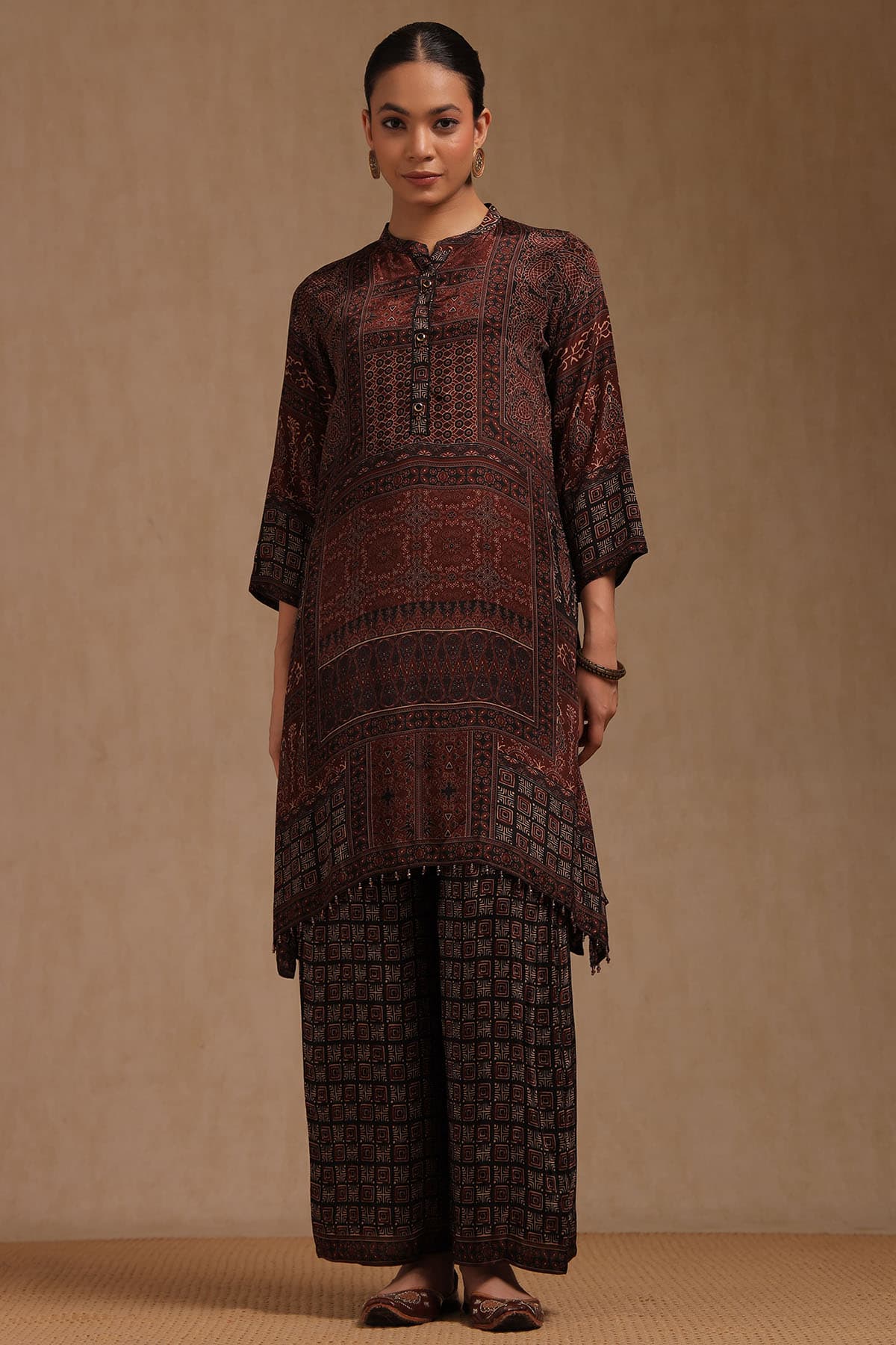 Women's Brown Crepe Ethnic Motifs Co-Ord Set
