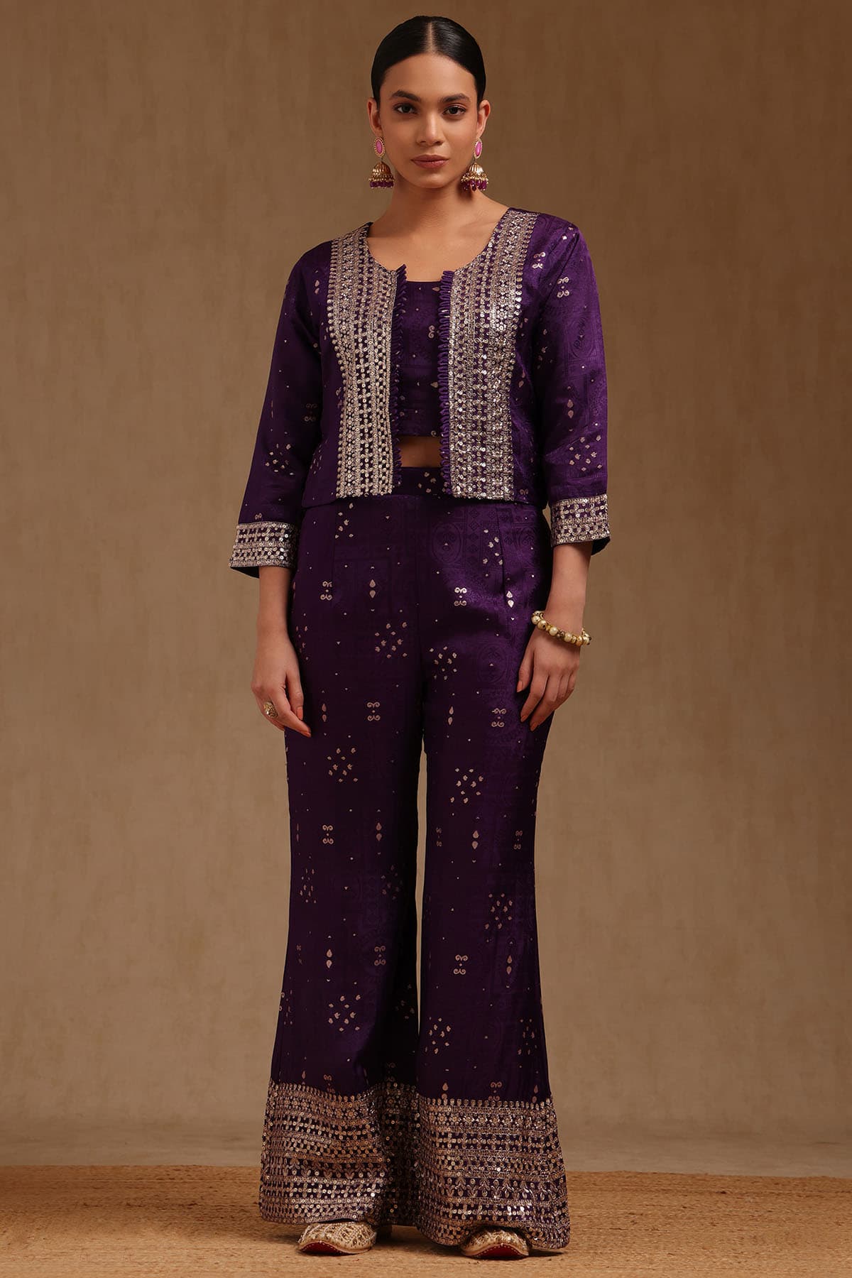 Women's Purple Brocade Ethnic Motifs Co-Ord Set Sequins
