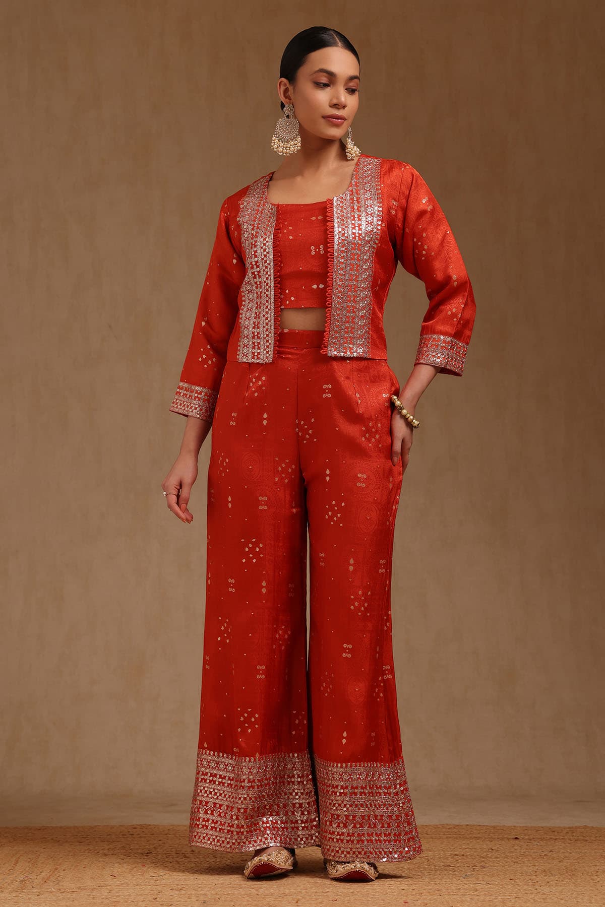 Women's Orange Brocade Ethnic Motifs Co-Ord Set Sequins