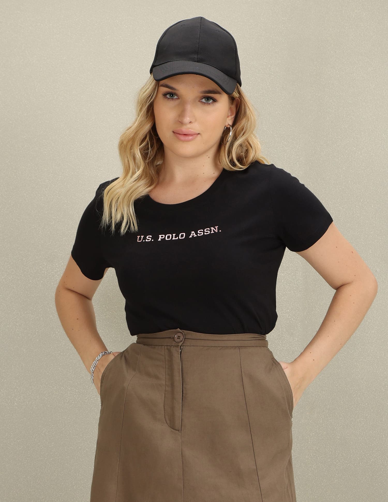 Women's Black Round Neck Brand Print Tshirt