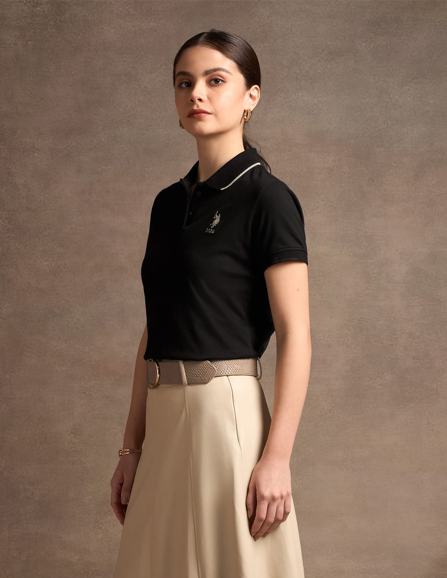 Women's Black Lurex Tipped Solid Polo Tshirt