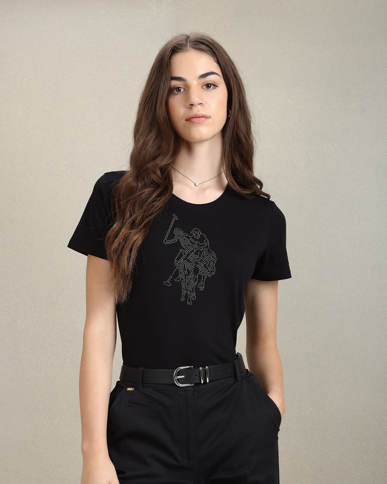 Women's Black Sequin Logo Round Neck Tshirt
