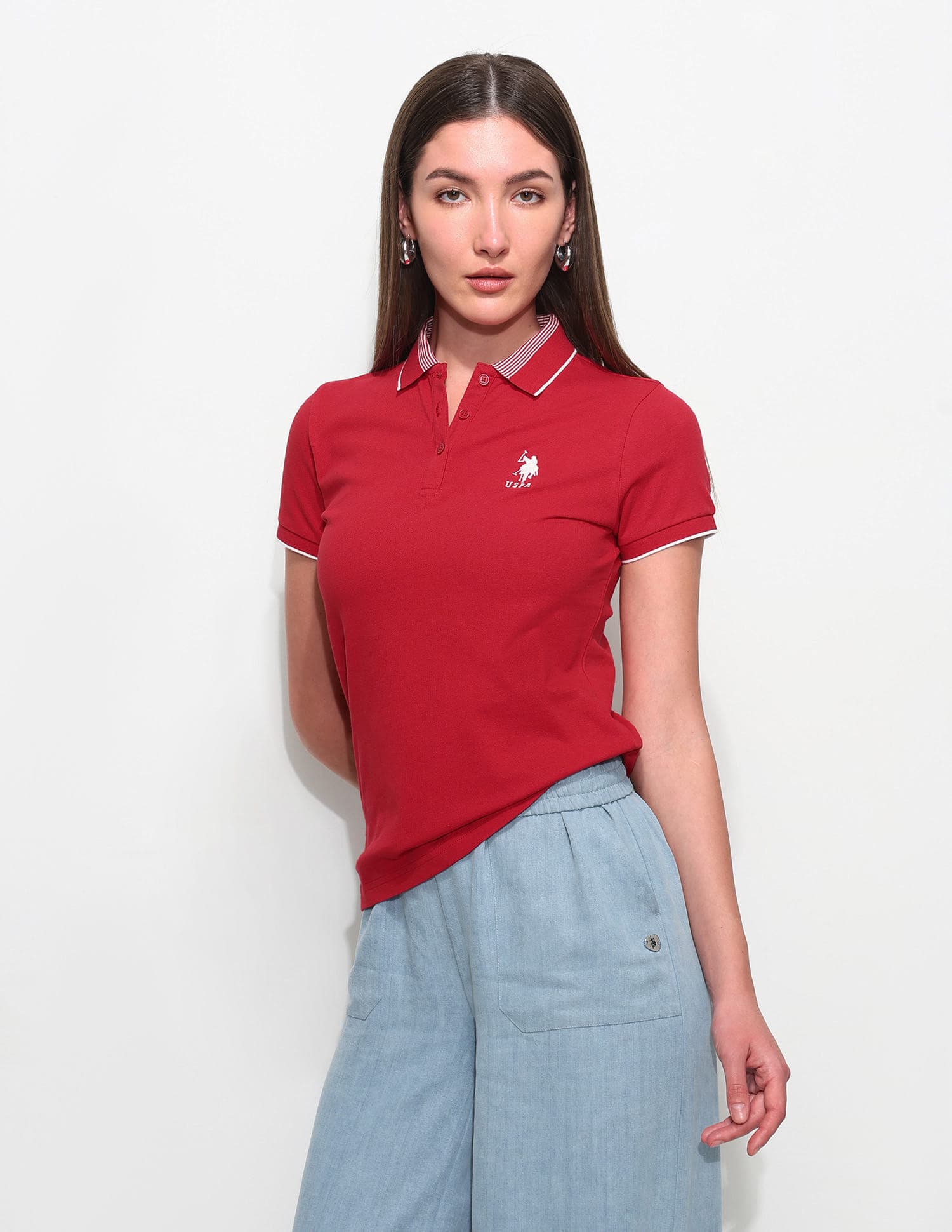 Women's Red Regular Fit Solid Polo Tshirt