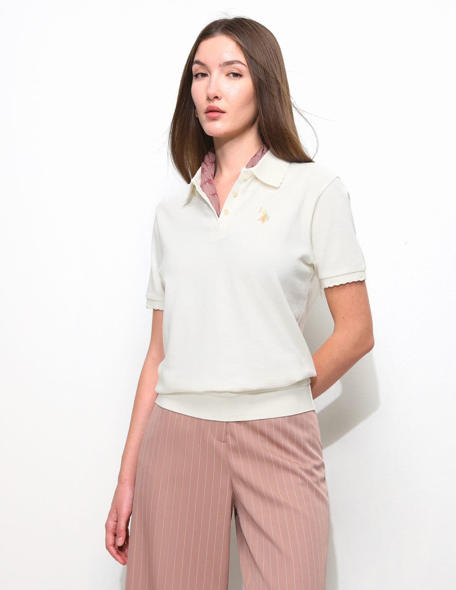 Women's White Textured Relaxed Fit Blouson Polo Tshirt