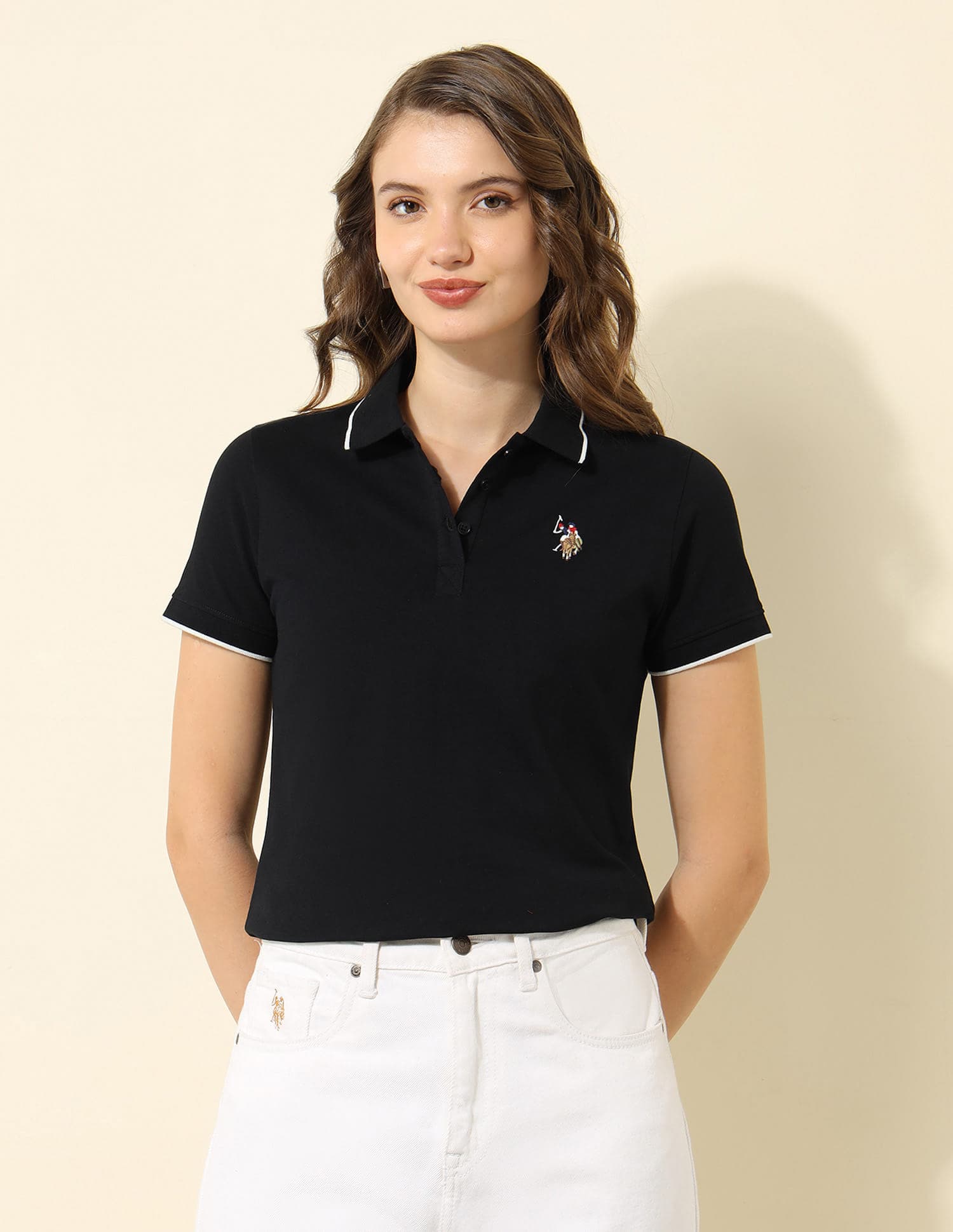 Women's Black Regular Fit Polo Tshirt