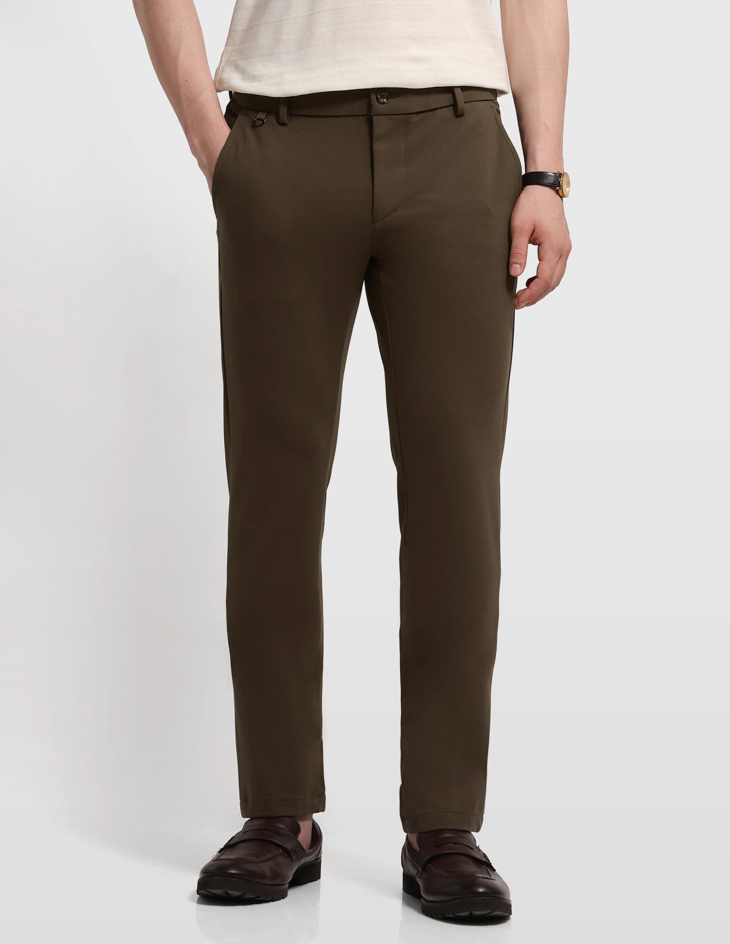 Men's Brown Slim Fit Solid Casual Trouser