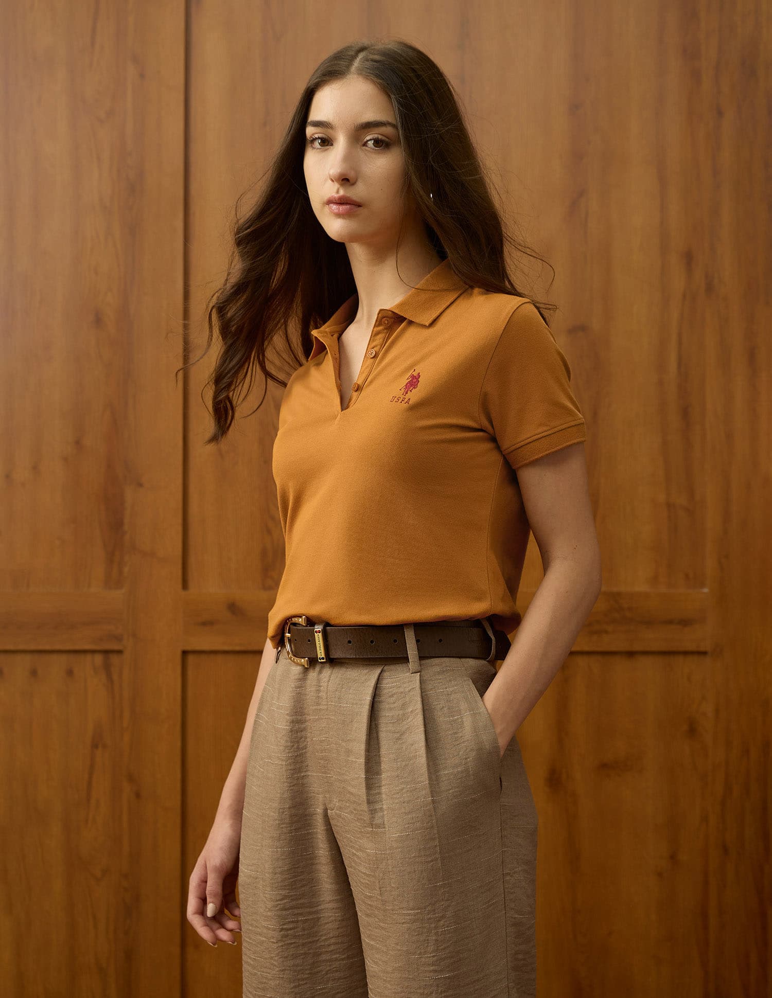 Women's Orange Regular Fit Solid Polo Tshirt