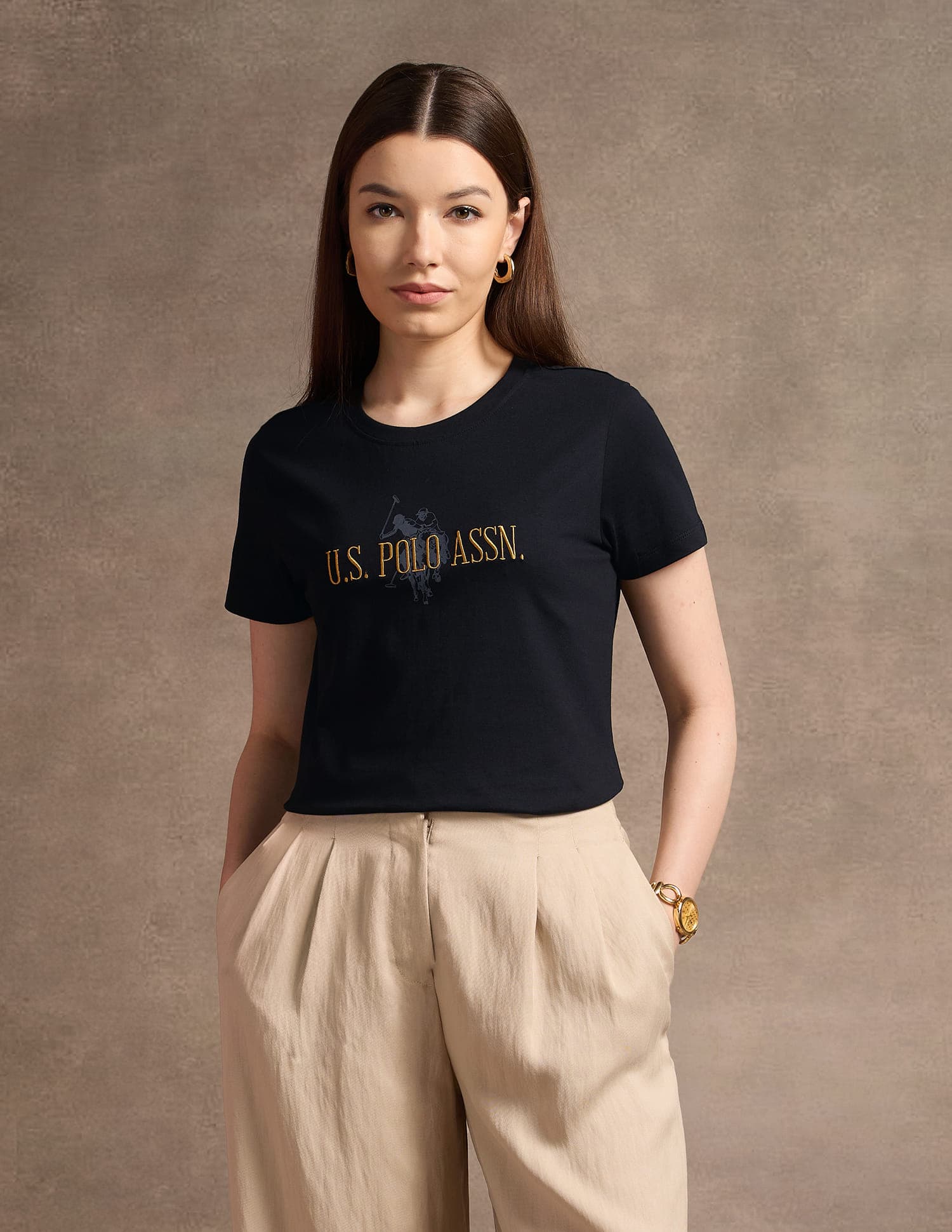 Women's Black Brand Embroidered Regular Fit Tshirt