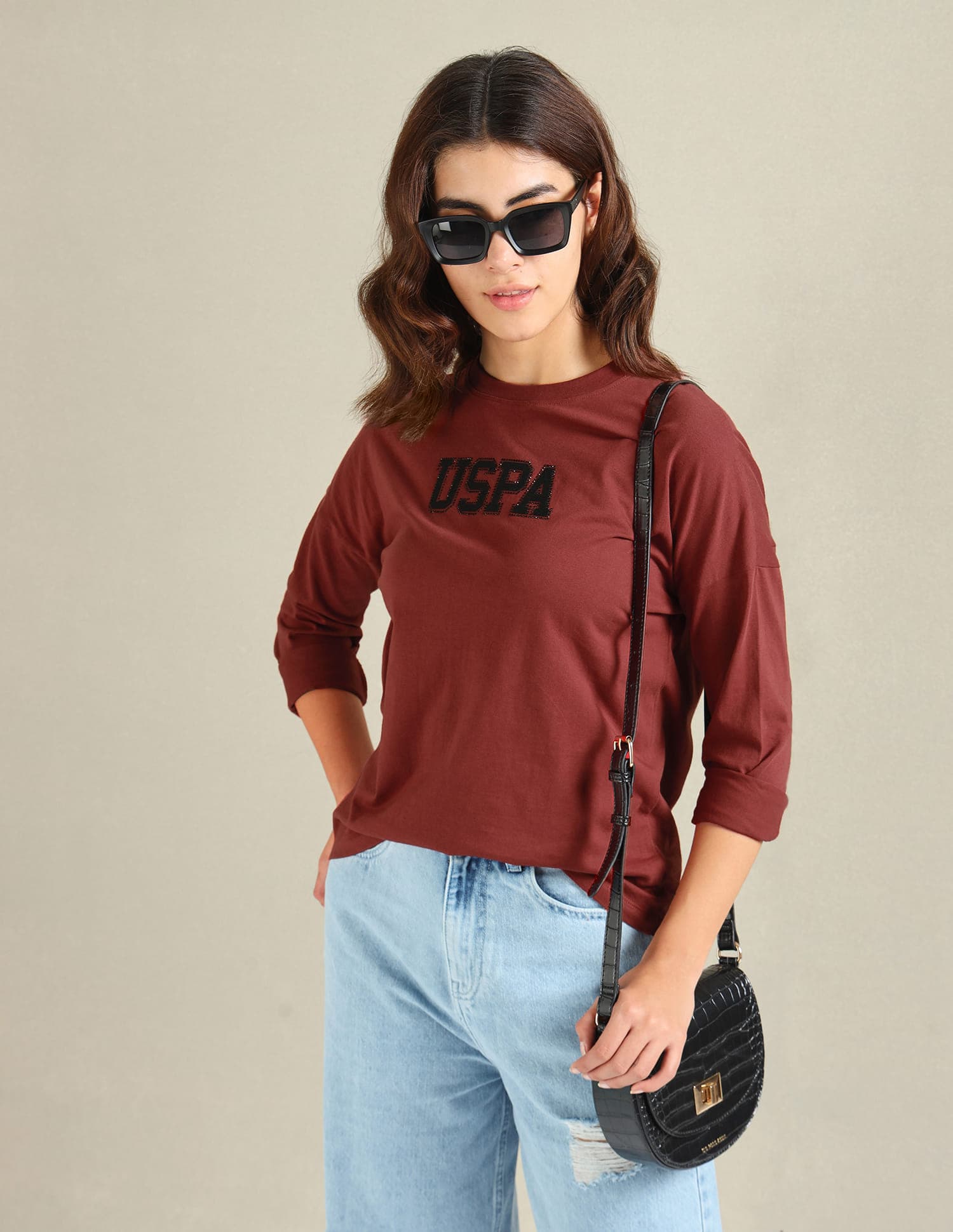 Women's Brown Pure Cotton Embellished Tshirt