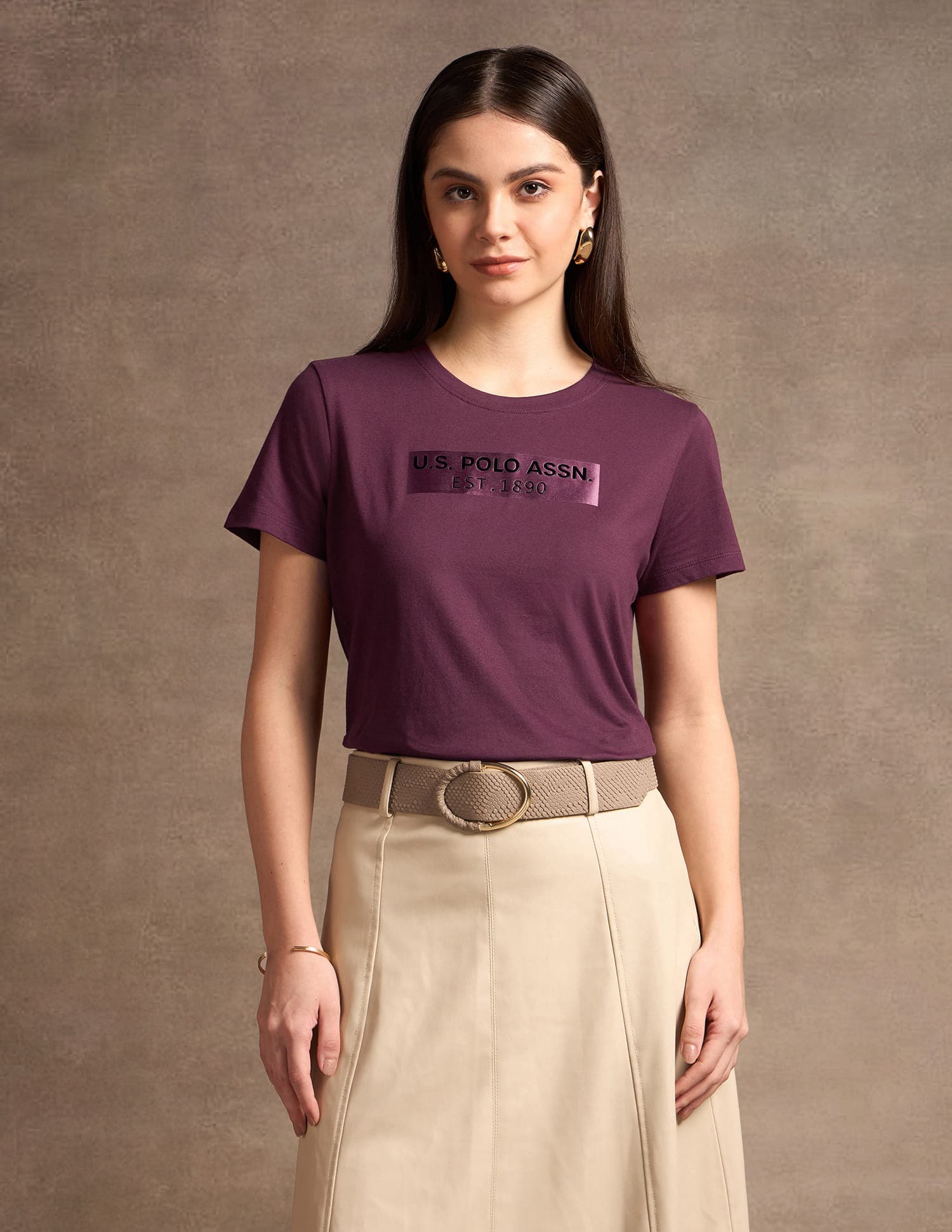 Women's Purple Satin Sticker Print Cotton Tshirt