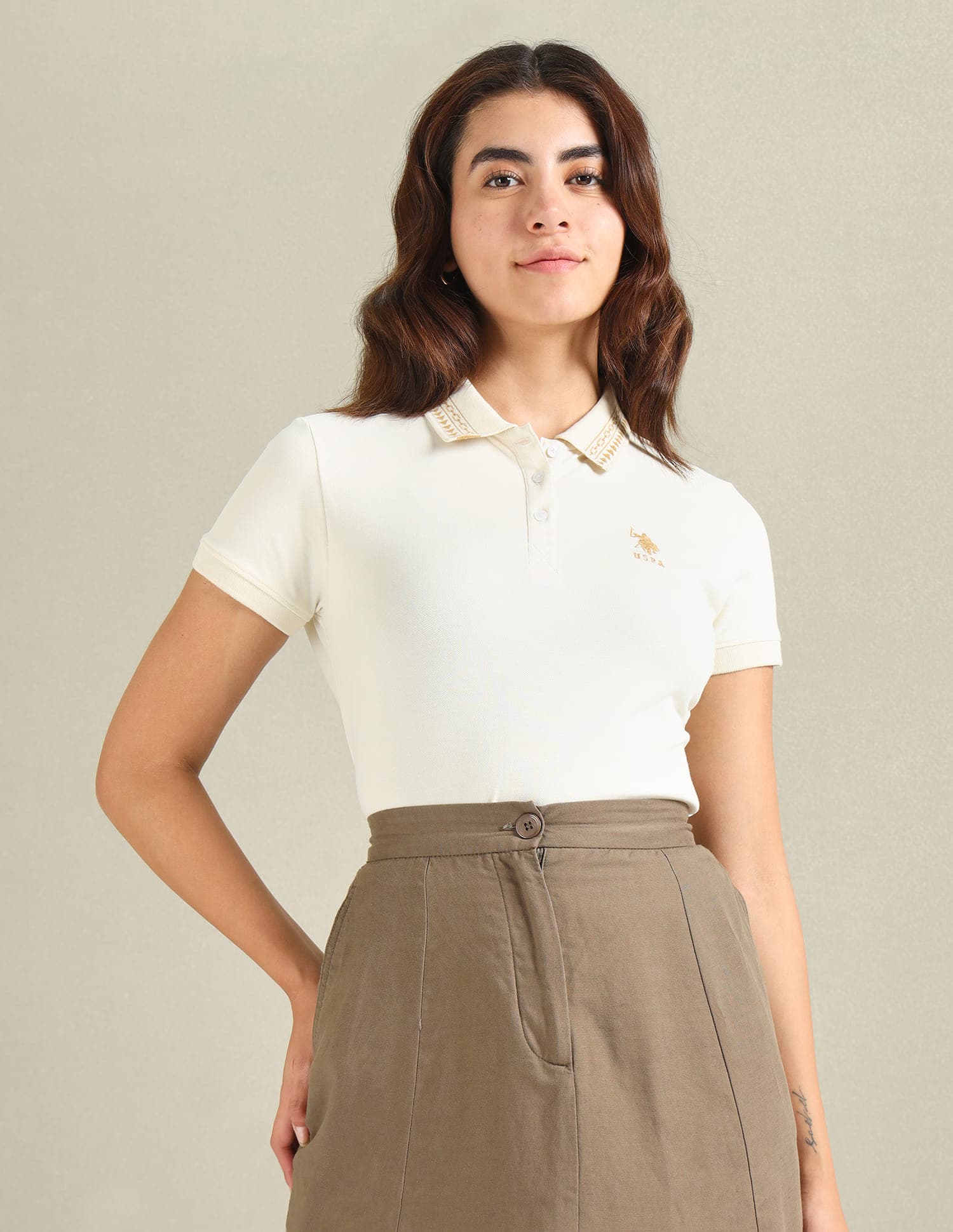 Women's White Geometric Detail Pique Polo Tshirt