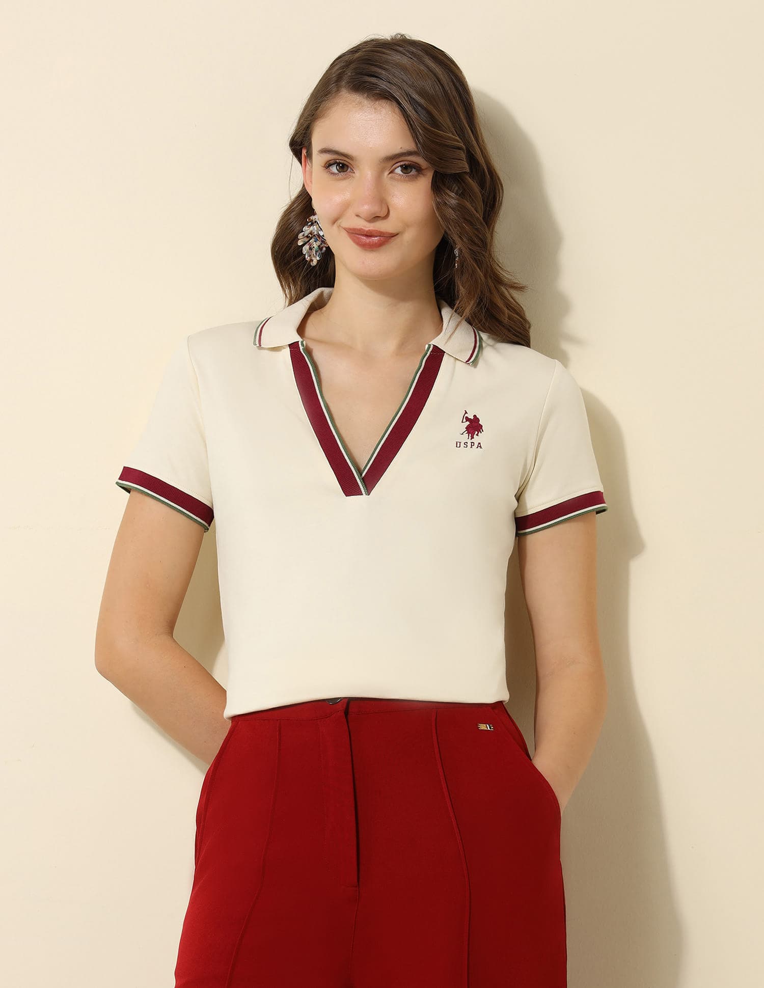Women's White Tipped Collar Regular Fit Polo Tshirt