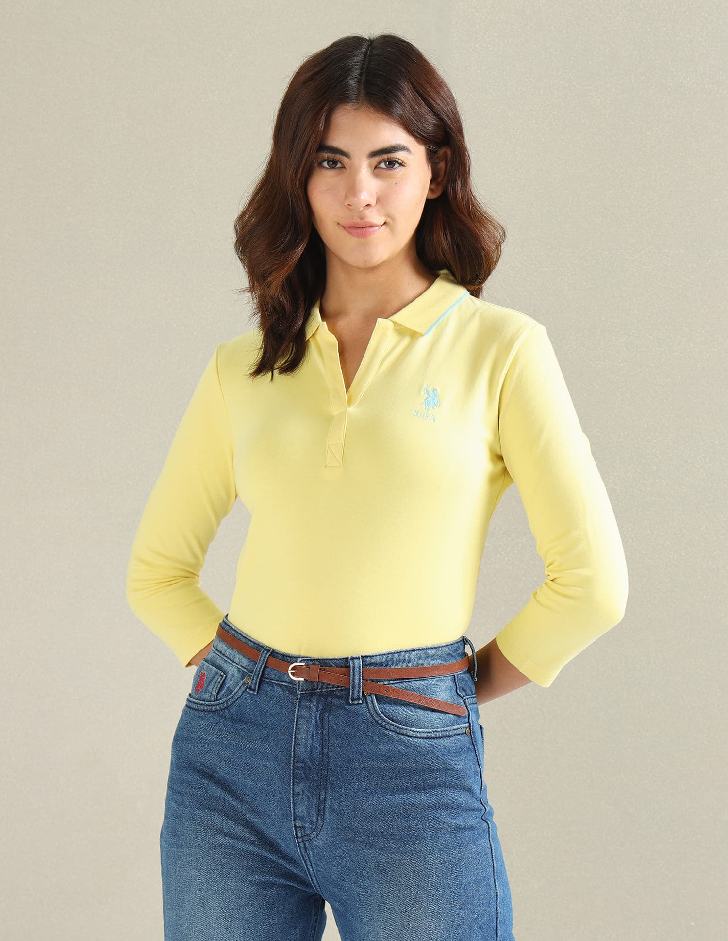Women's Yellow Tipped Collar Solid Polo Tshirt
