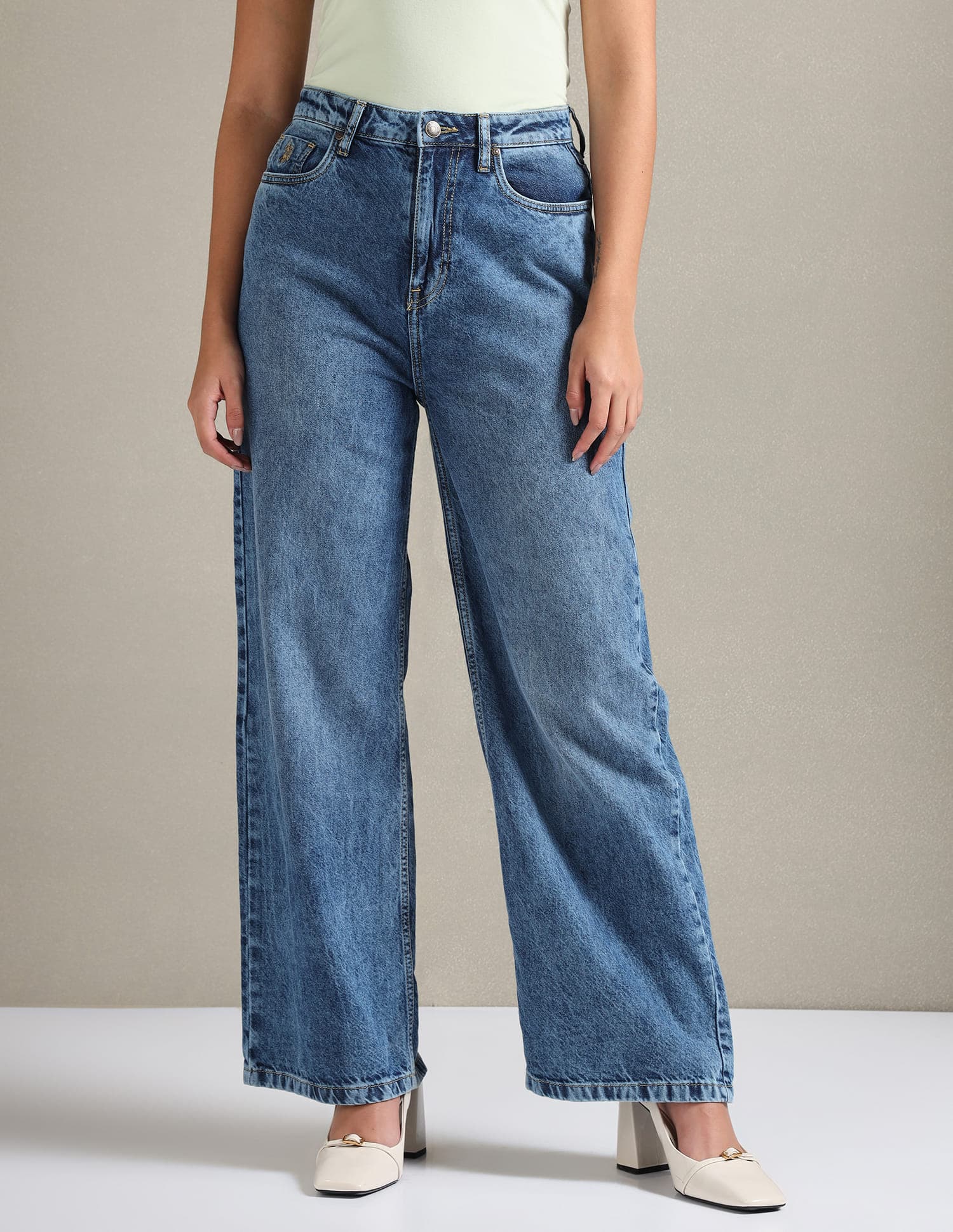 Women's Blue Wide Leg Mid Rise Jeans