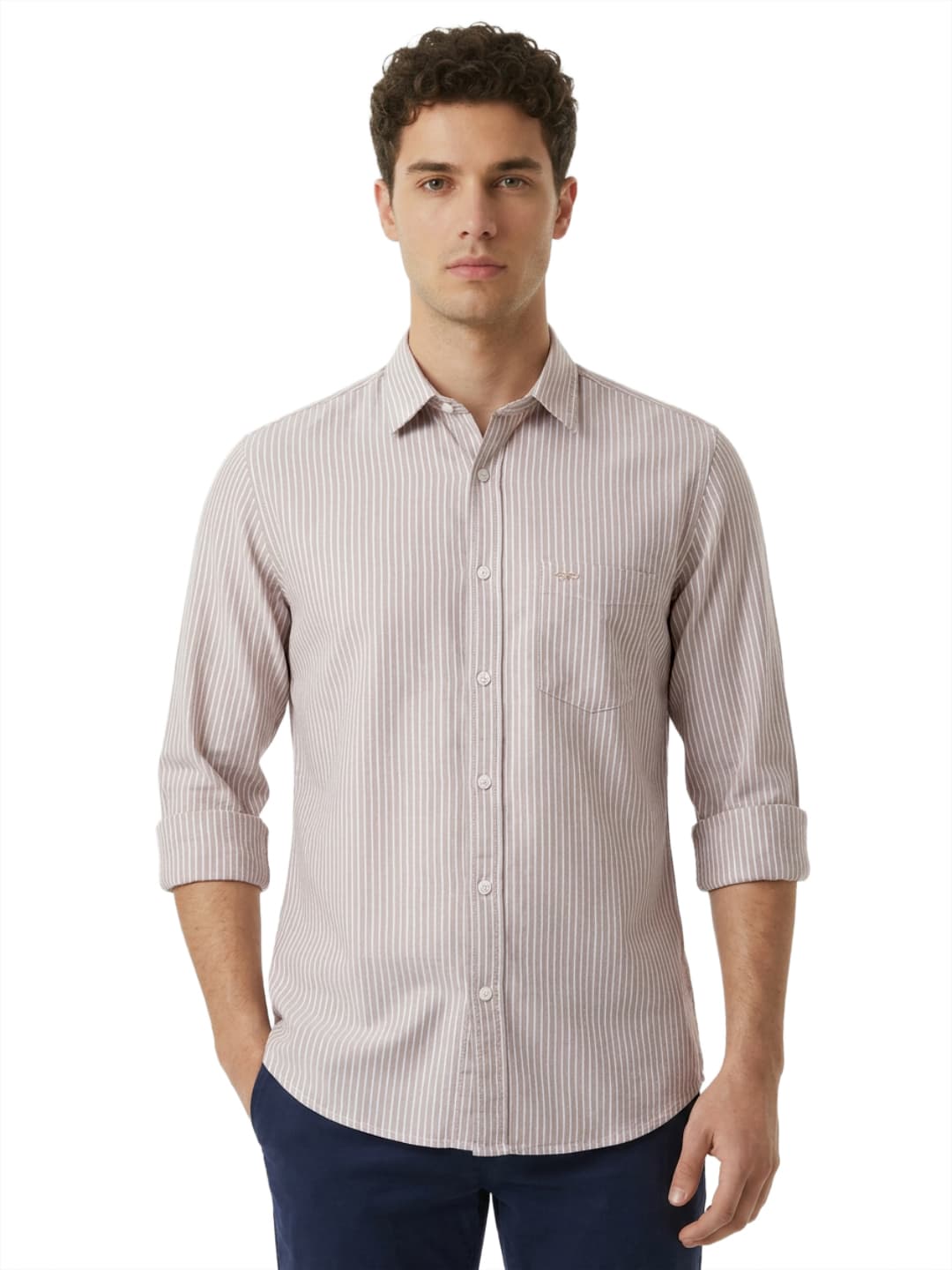 Men's Medium Fawn Regular Fit Casual Full Sleeves Cotton Shirt