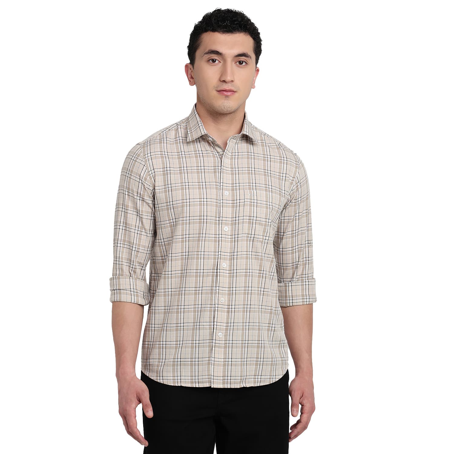 Men's Medium Fawn Regular Fit Casual Full Sleeves Cotton Shirt