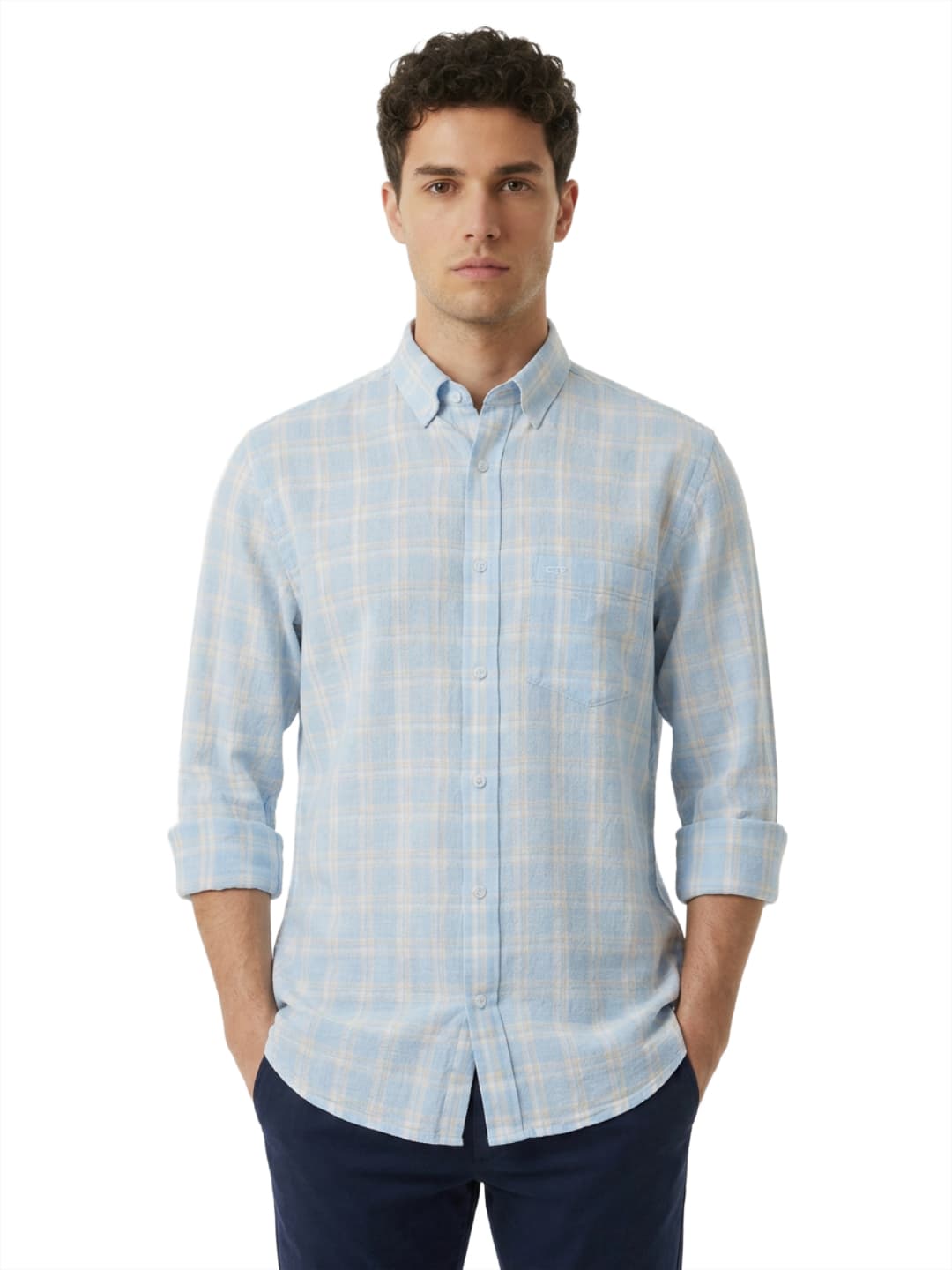 Men's Medium Blue Regular Fit Casual Full Sleeves Cotton Blend Shirt