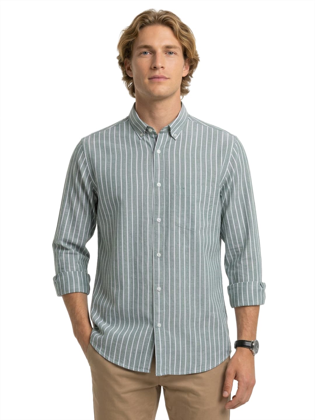 Men's Medium Green Regular Fit Casual Full Sleeves Cotton Shirt