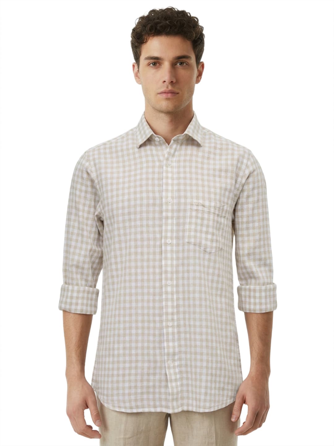 Men's Medium Fawn Regular Fit Casual Full Sleeves Cotton Blend Shirt