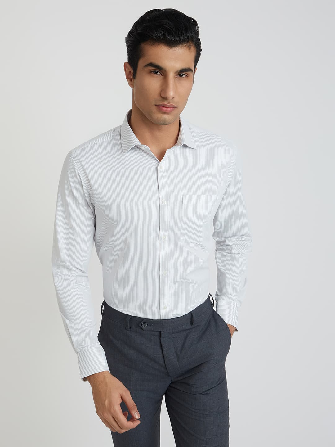 Men's Medium Grey Slim Fit Casual Full Sleeves Cotton Blend Shirt