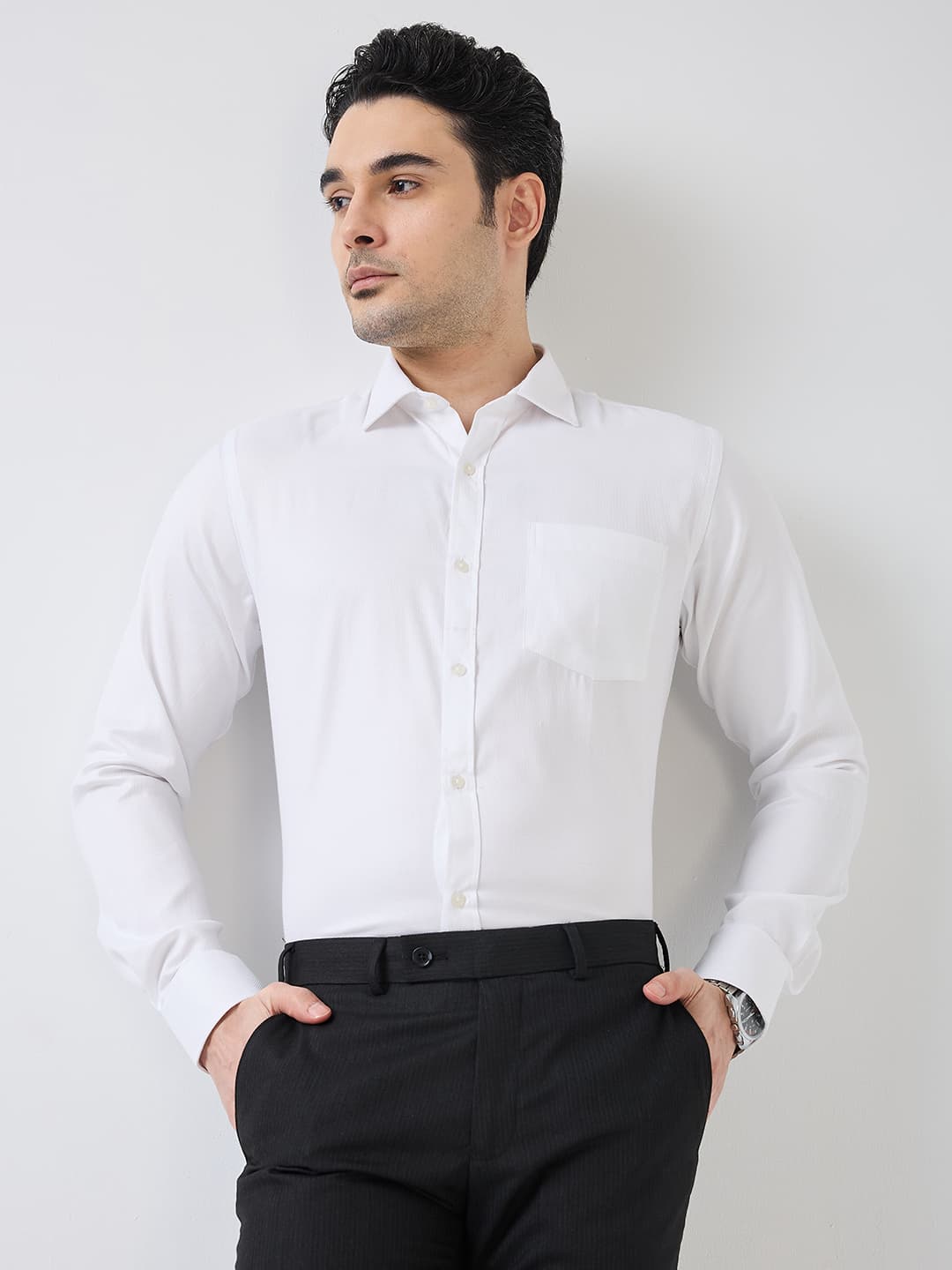 Men's White Slim Fit Casual Full Sleeves Polyester Shirt