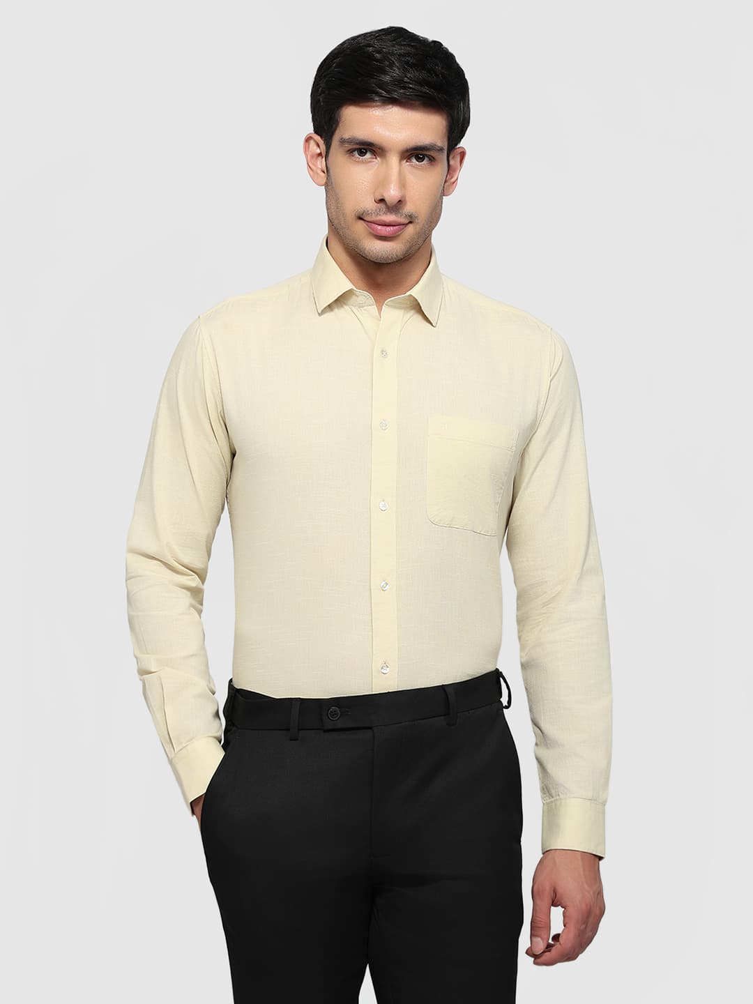 Men's Light Yellow Slim Fit Casual Full Sleeves Cotton Shirt