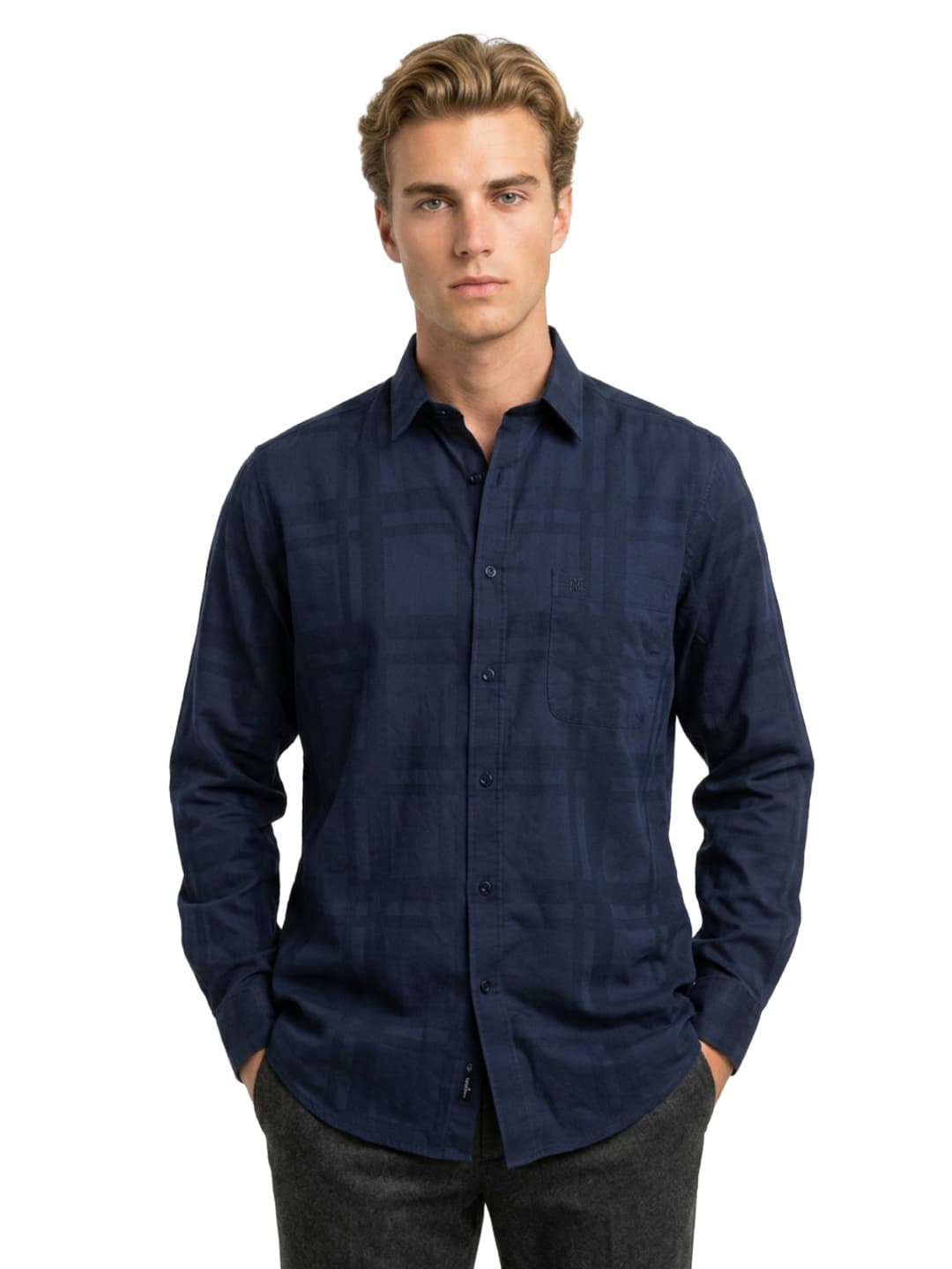 Men's Dark Blue Slim Fit Casual Full Sleeves Cotton Blend Shirt