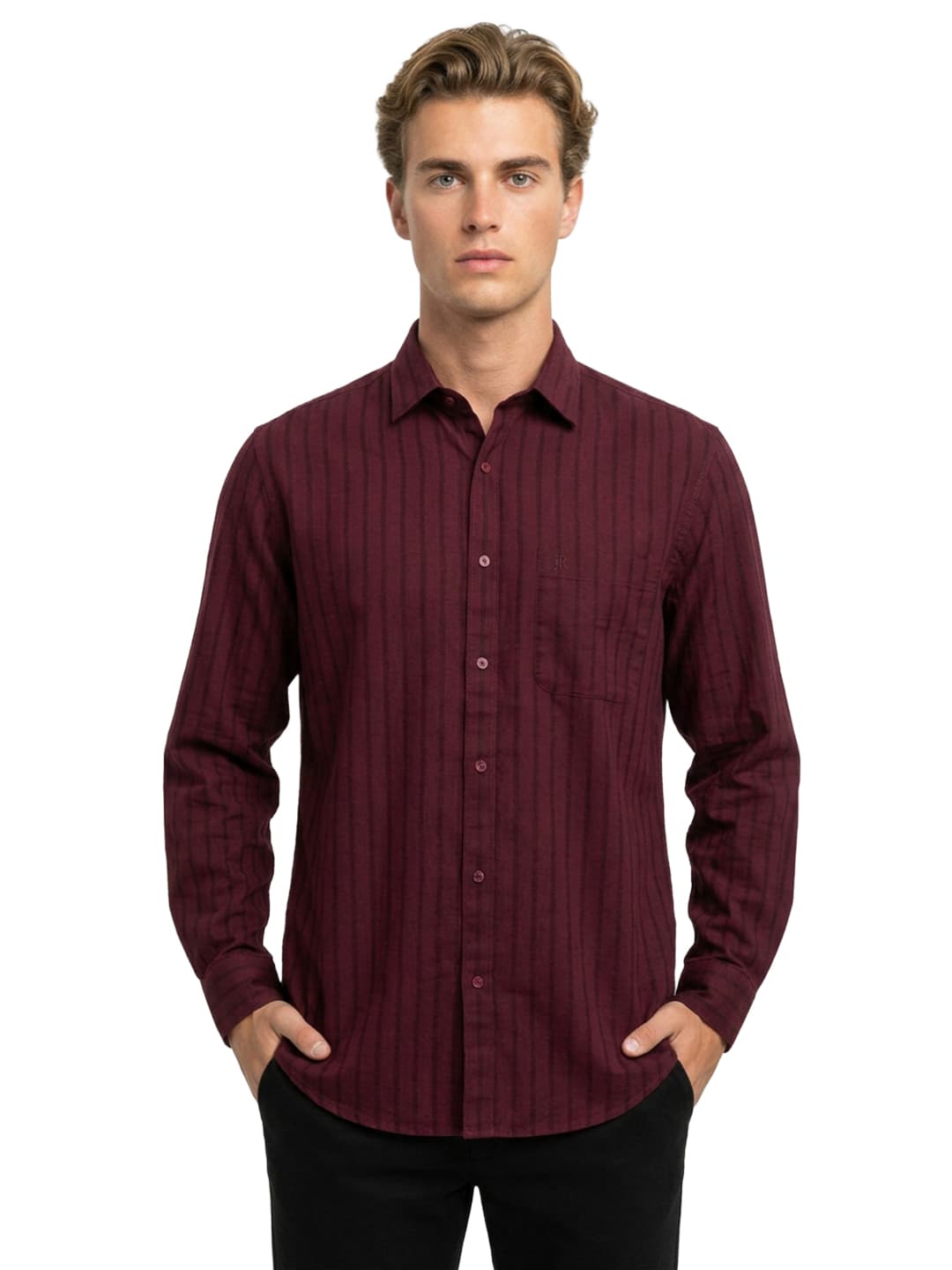 Men's Dark Red Slim Fit Casual Full Sleeves Cotton Blend Shirt