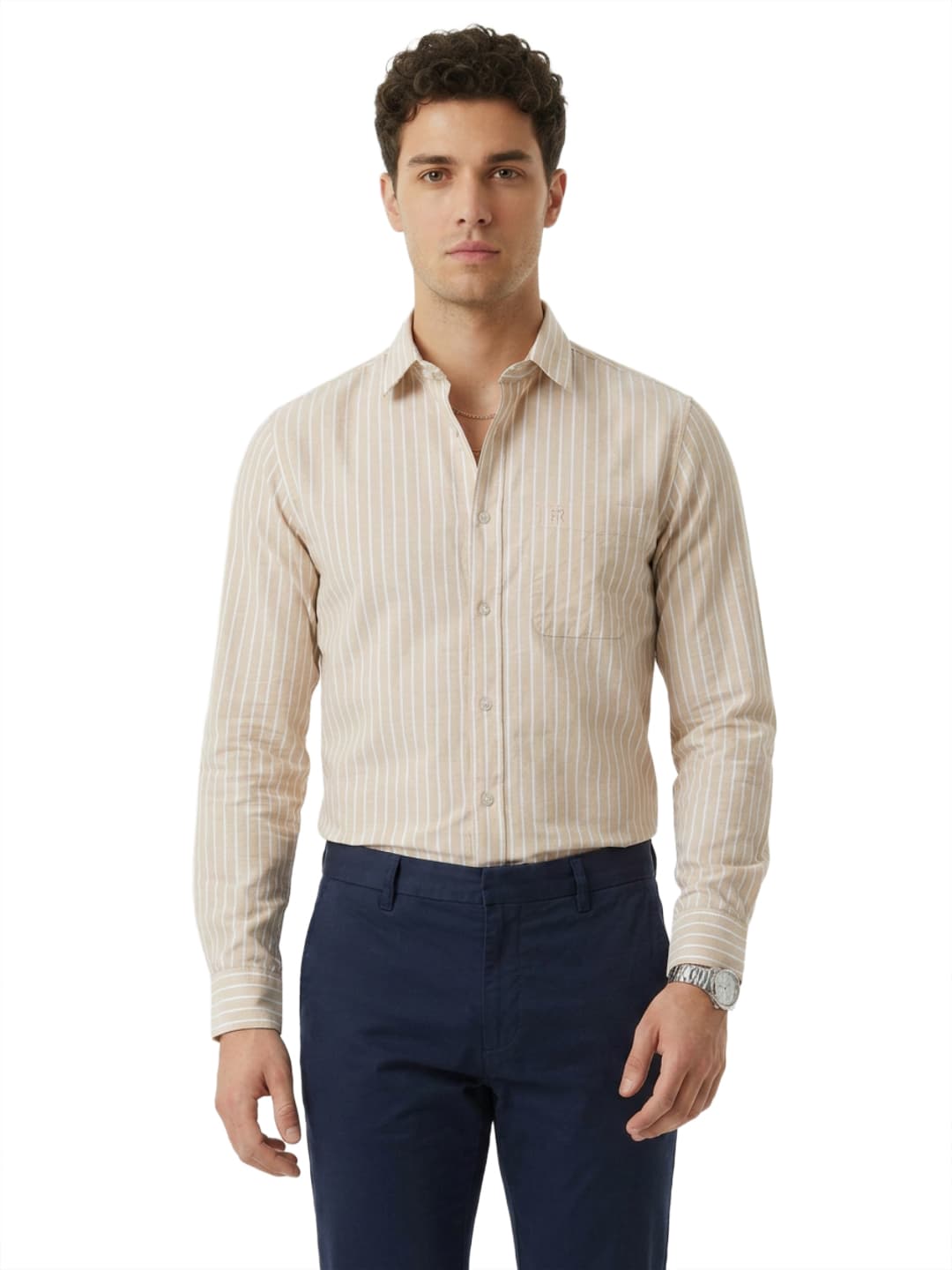 Men's Medium Fawn Slim Fit Casual Full Sleeves Cotton Shirt