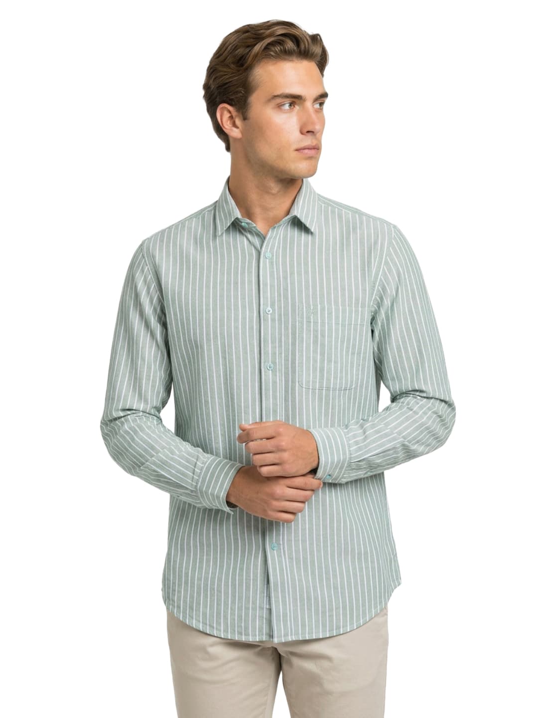 Men's Medium Green Slim Fit Casual Full Sleeves Cotton Shirt
