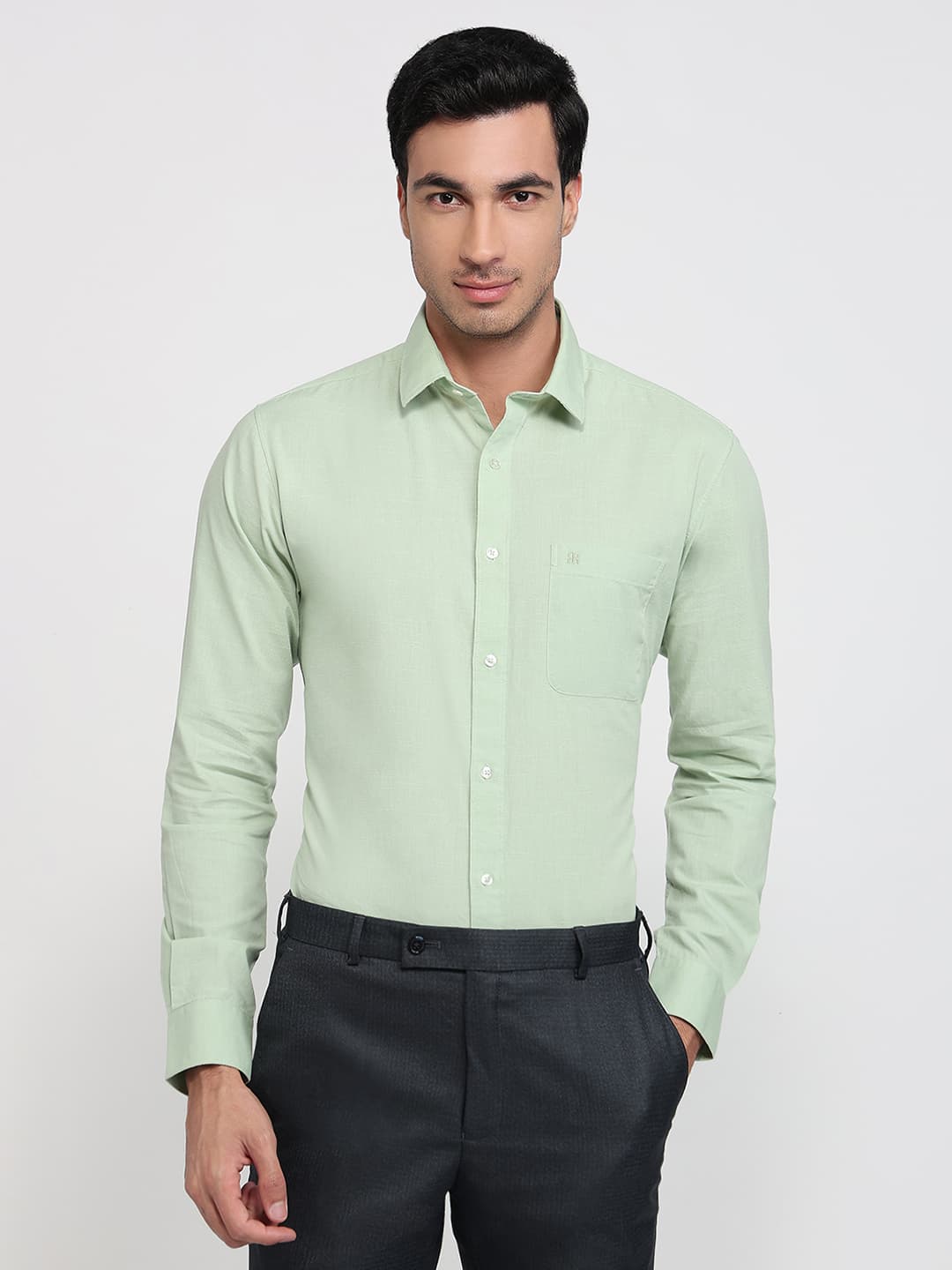 Men's Medium Green Slim Fit Casual Full Sleeves Cotton Shirt