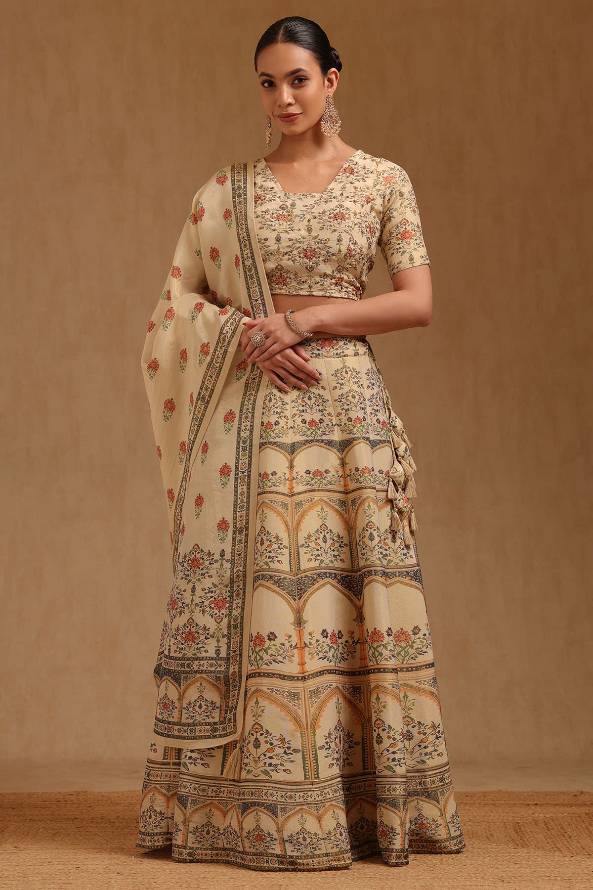 Women's Beige Casual Regular Fit Printed Lehenga Choli