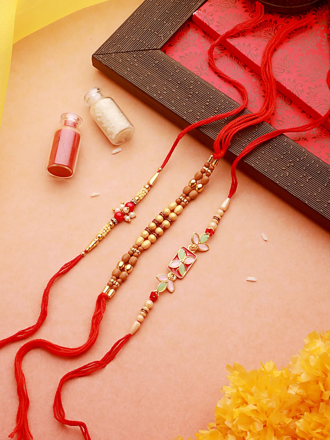 Unisex Set Of 3 Gold Toned Pearl & Meena Work Thread Rakhi