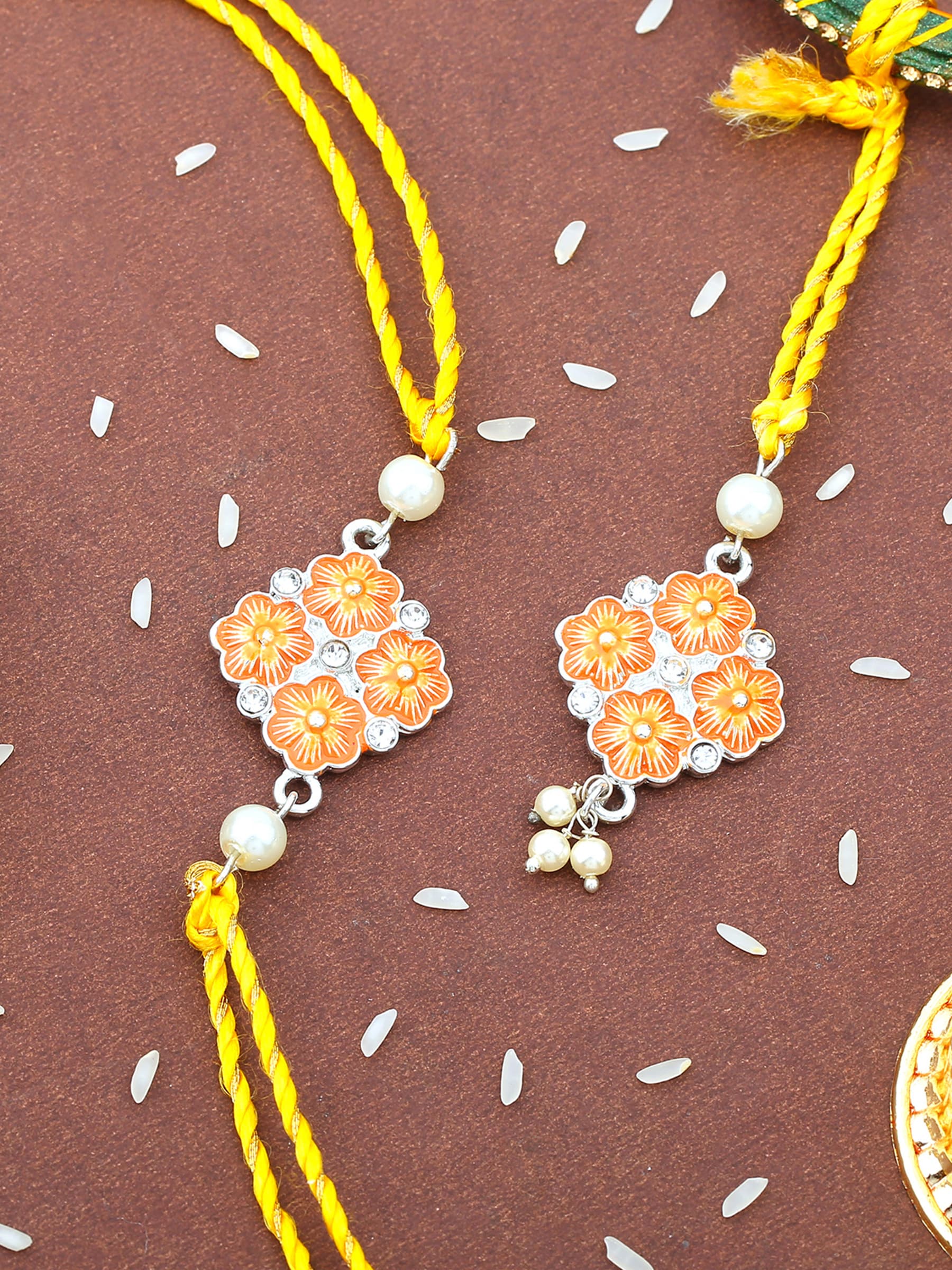 Unisex Rhodium Plated Floral Design Bhaiya Bhabhi Rakhi Set with Fancy Silk Thread