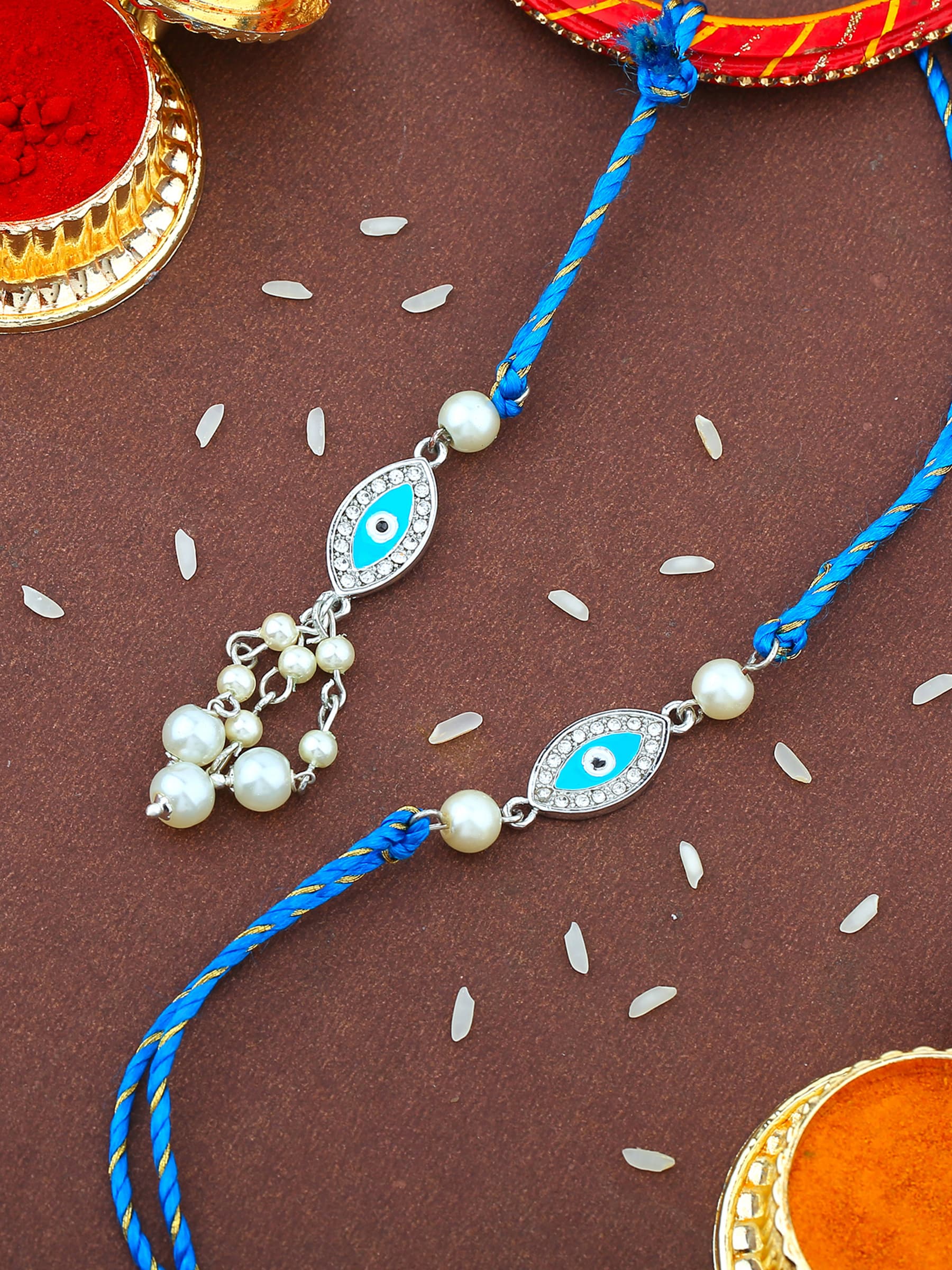 Unisex Rhodium Plated Evil Eye Bhaiya Bhabhi Rakhi Set with Fancy Silk Thread