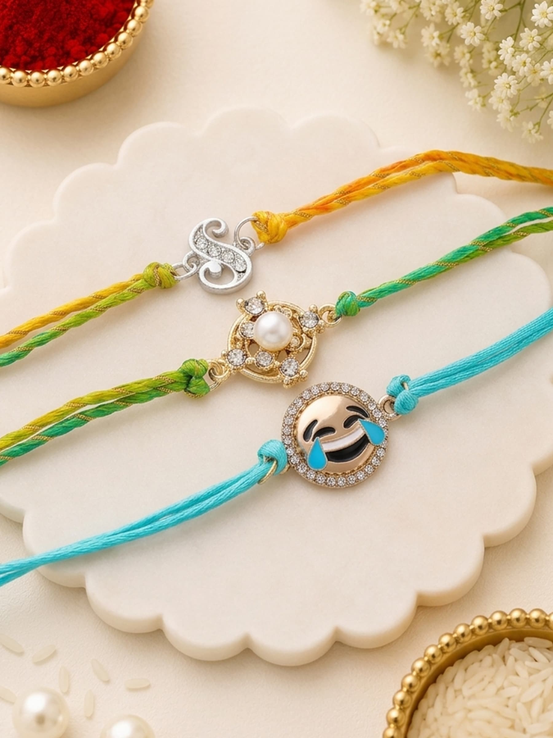 Unisex Gold Rhodium Plated Emoji Rakhi bracelet with Crystals and Silk Thread - Combo of 3