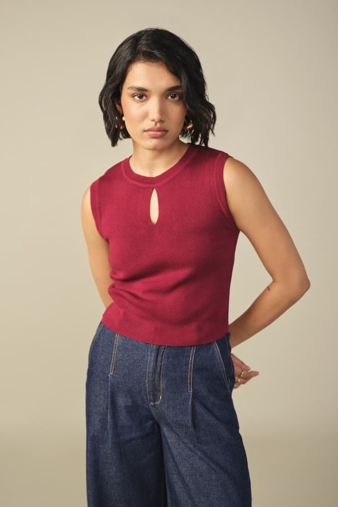 Women's Red Casual Regular Fit Round Neck Top