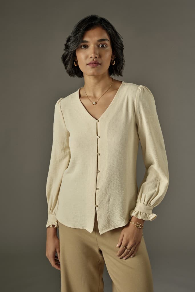 Women's Cream Casual Regular Fit V-Neck Top