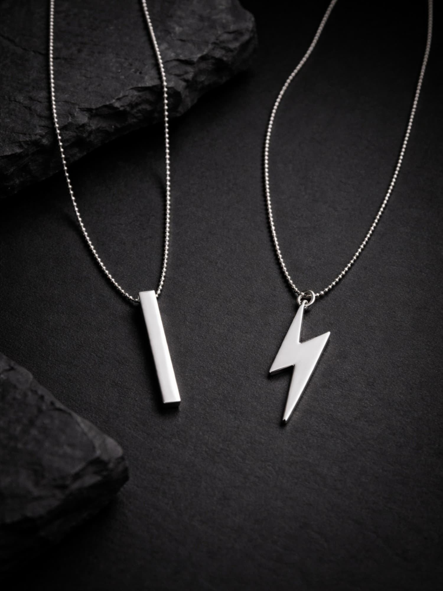 Men's Set of 2 Silver Chain Necklaces with Lightning and Bar Pendants