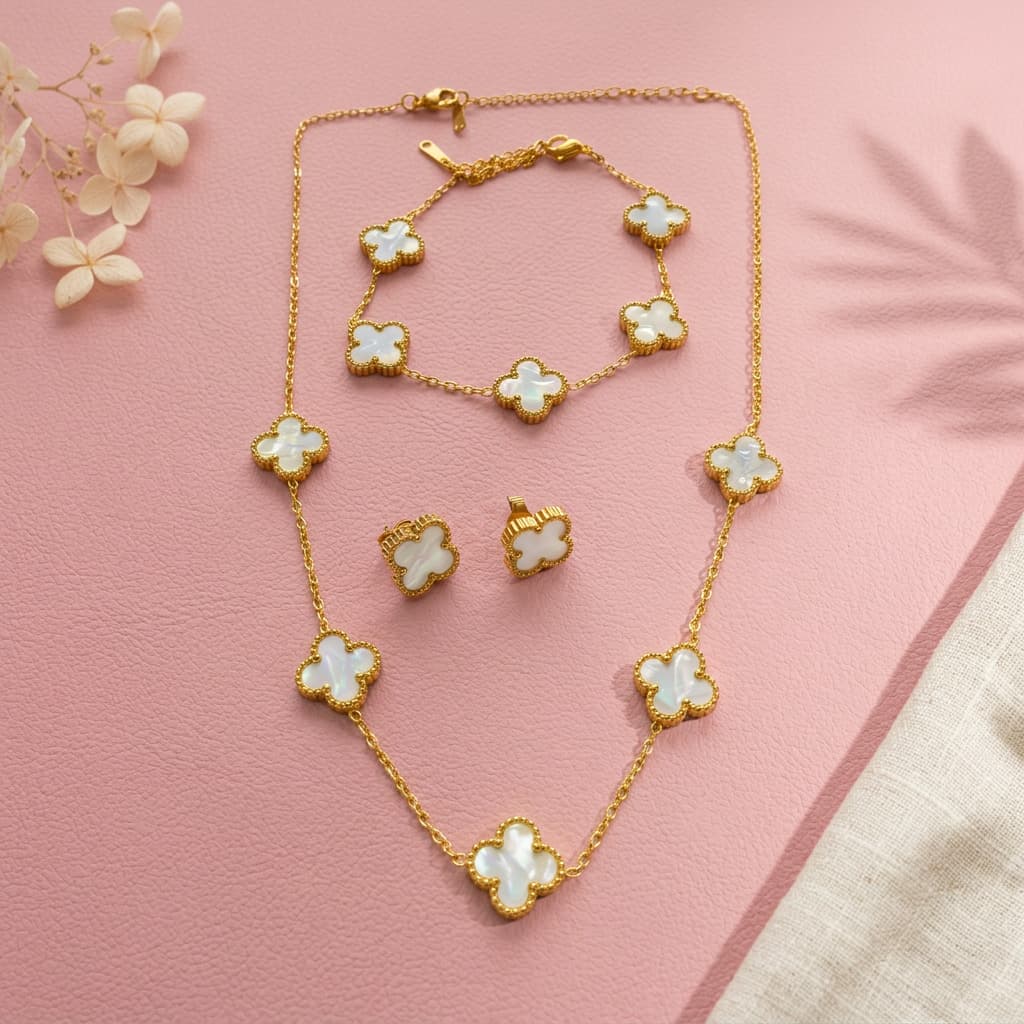 Women's Gold Plated Clover Charm Necklace and Stud Earrings Set