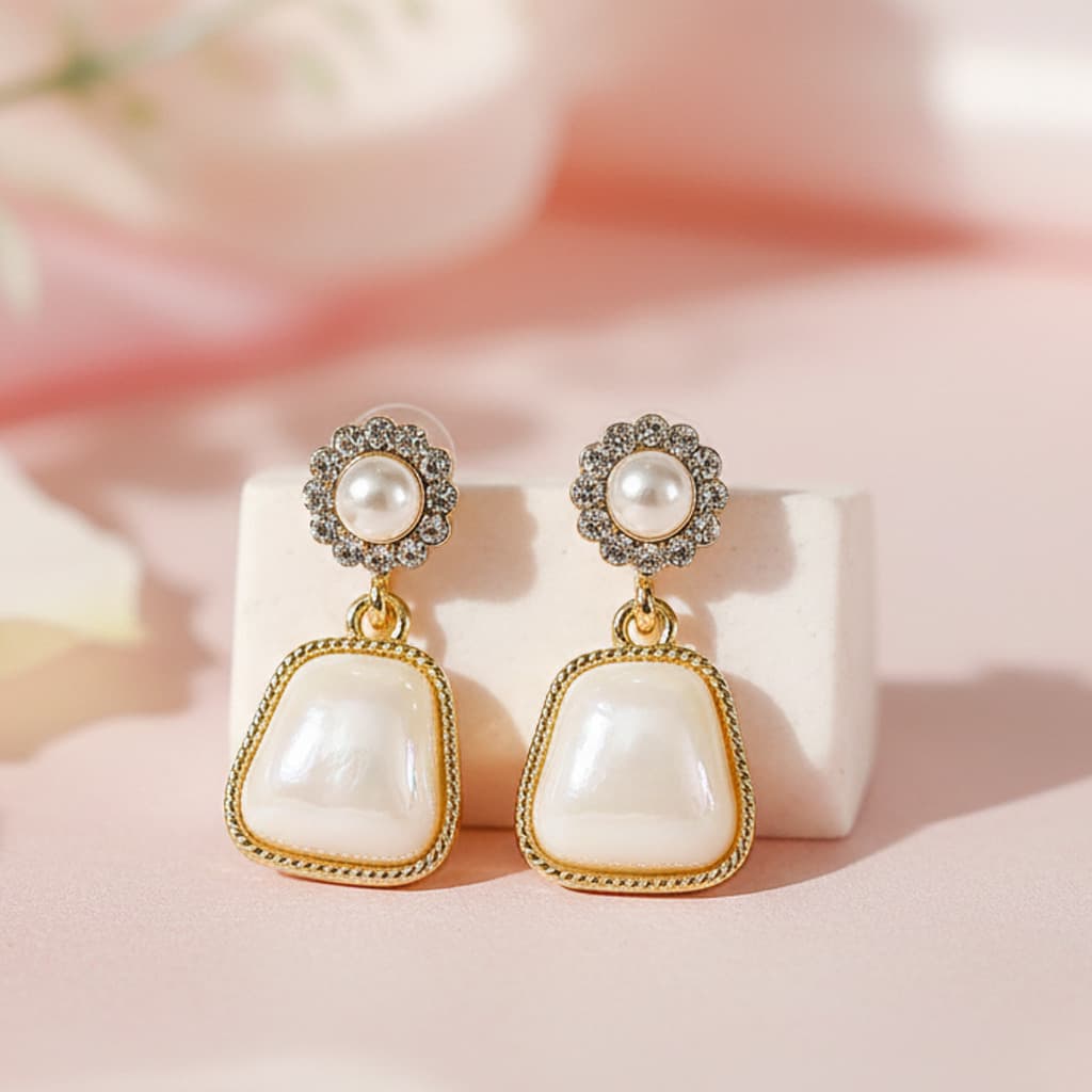 Women's Elegant Pearl and Crystal Drop Earrings with Gold-Tone Finish