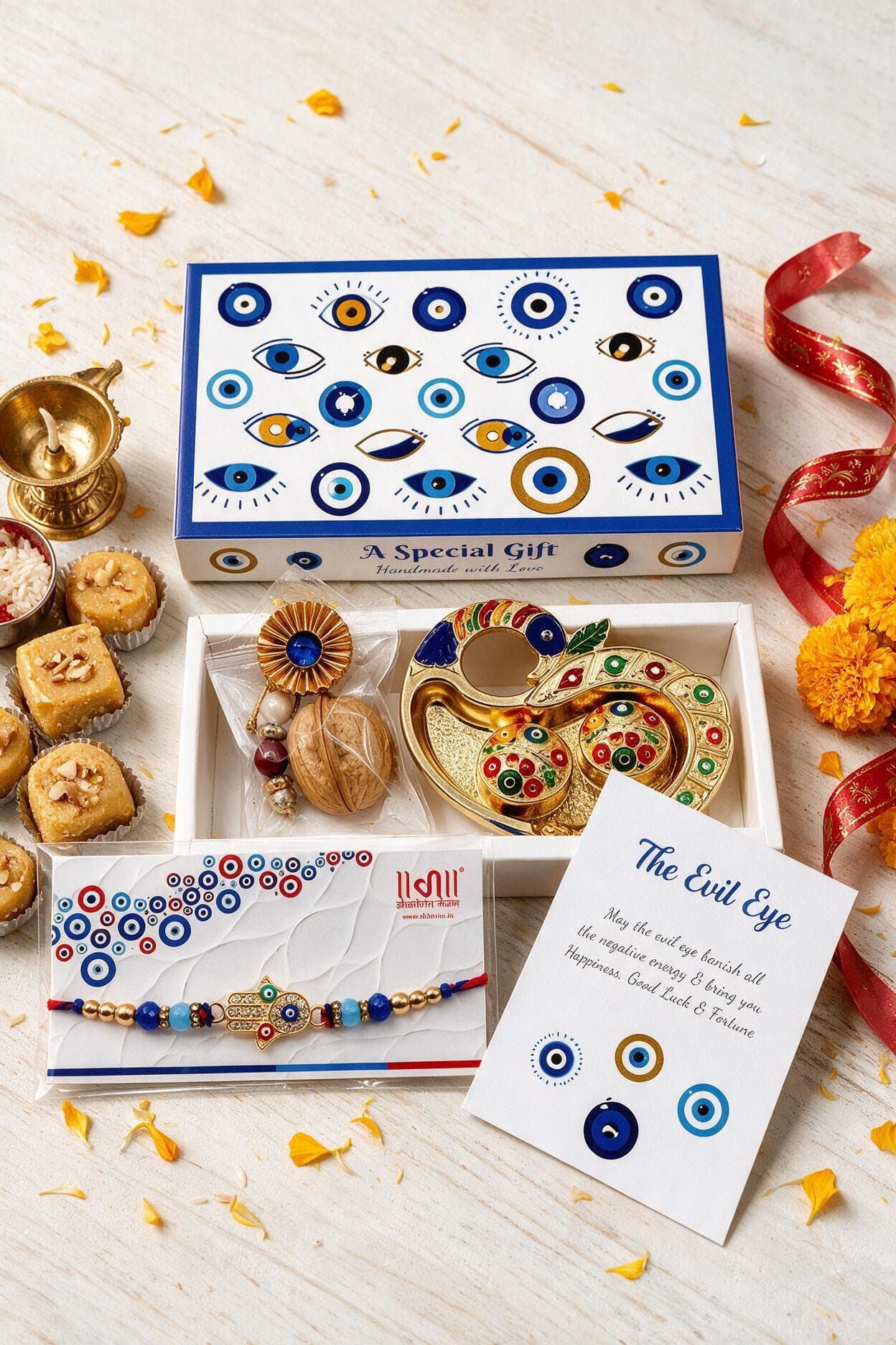 Evil Eye Rakhi Gift Hamper with Symbolic Roli Chawal & Artificial Coconut